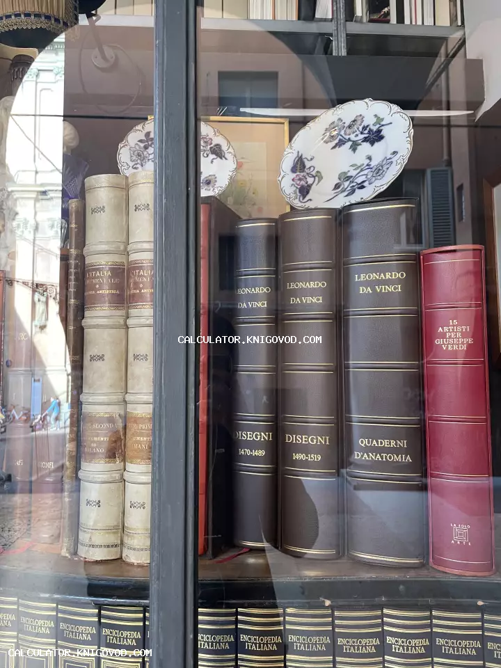 Старинные книги в кожаных переплетах с золотым тиснением на витрине антикварного магазина, включая многотомники Леонардо да Винчи и Итальянскую энциклопедию.