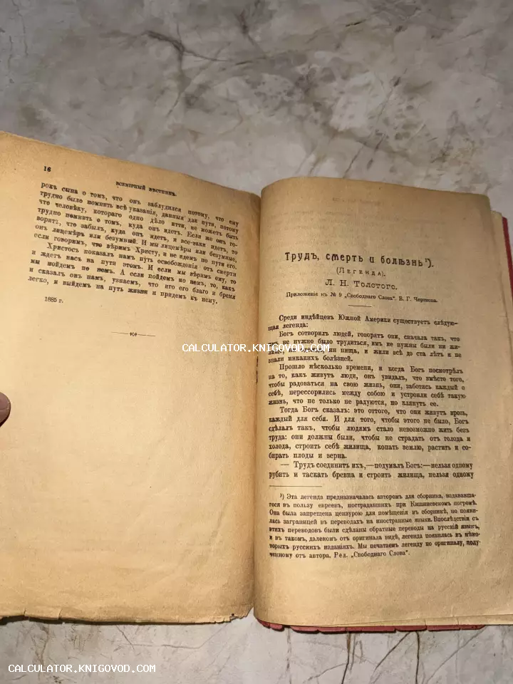 Разворот старинной книги с текстом Льва Толстого, напечатанным дореволюционным шрифтом на пожелтевшей бумаге.