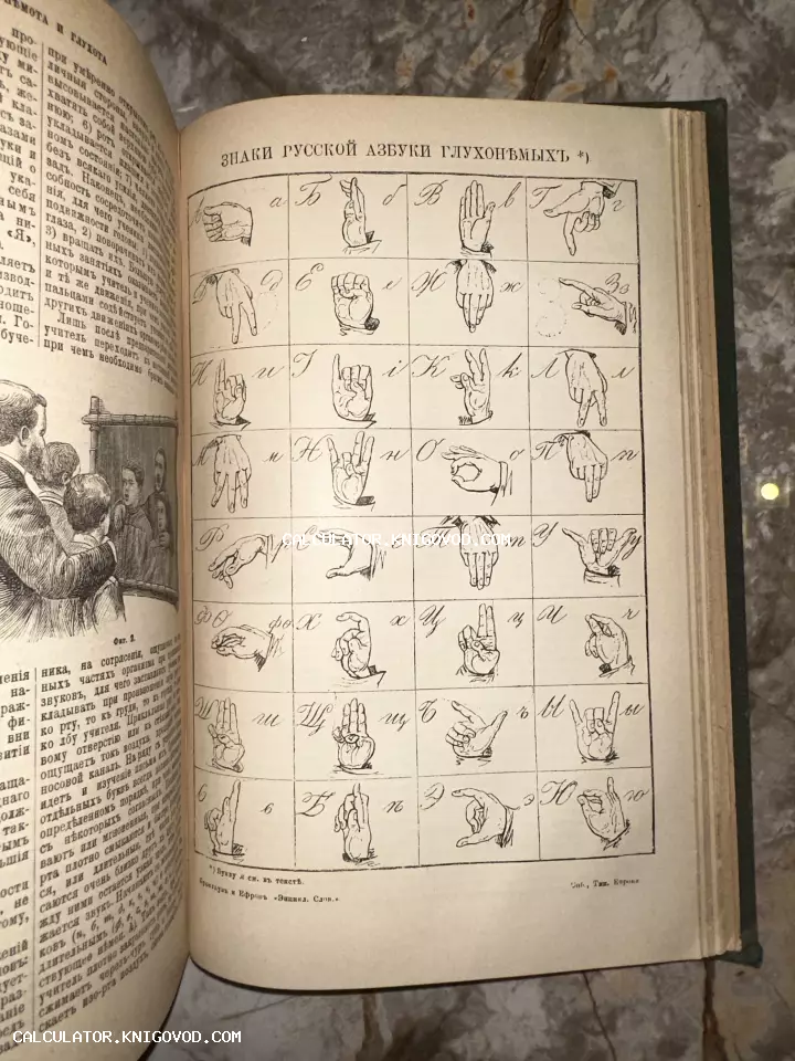 Разворот антикварной книги со старинной таблицей знаков русской азбуки для глухонемых, выполненной в виде гравированных иллюстраций рук.