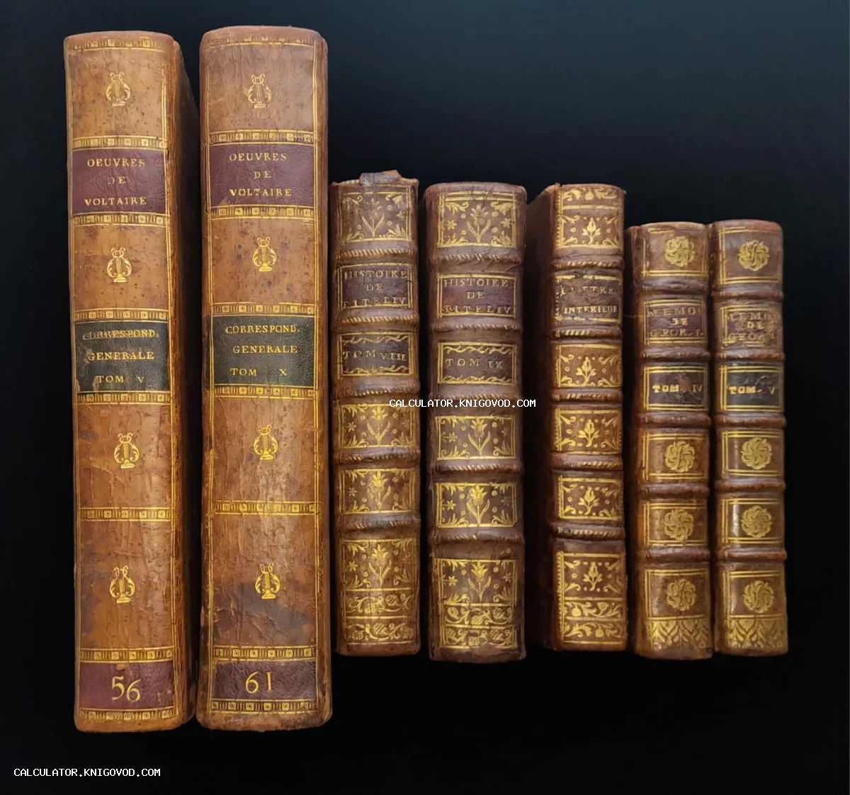 Семь старинных томов в кожаных переплетах с золотым тиснением на корешках, включая труды Вольтера и Тита Ливия.