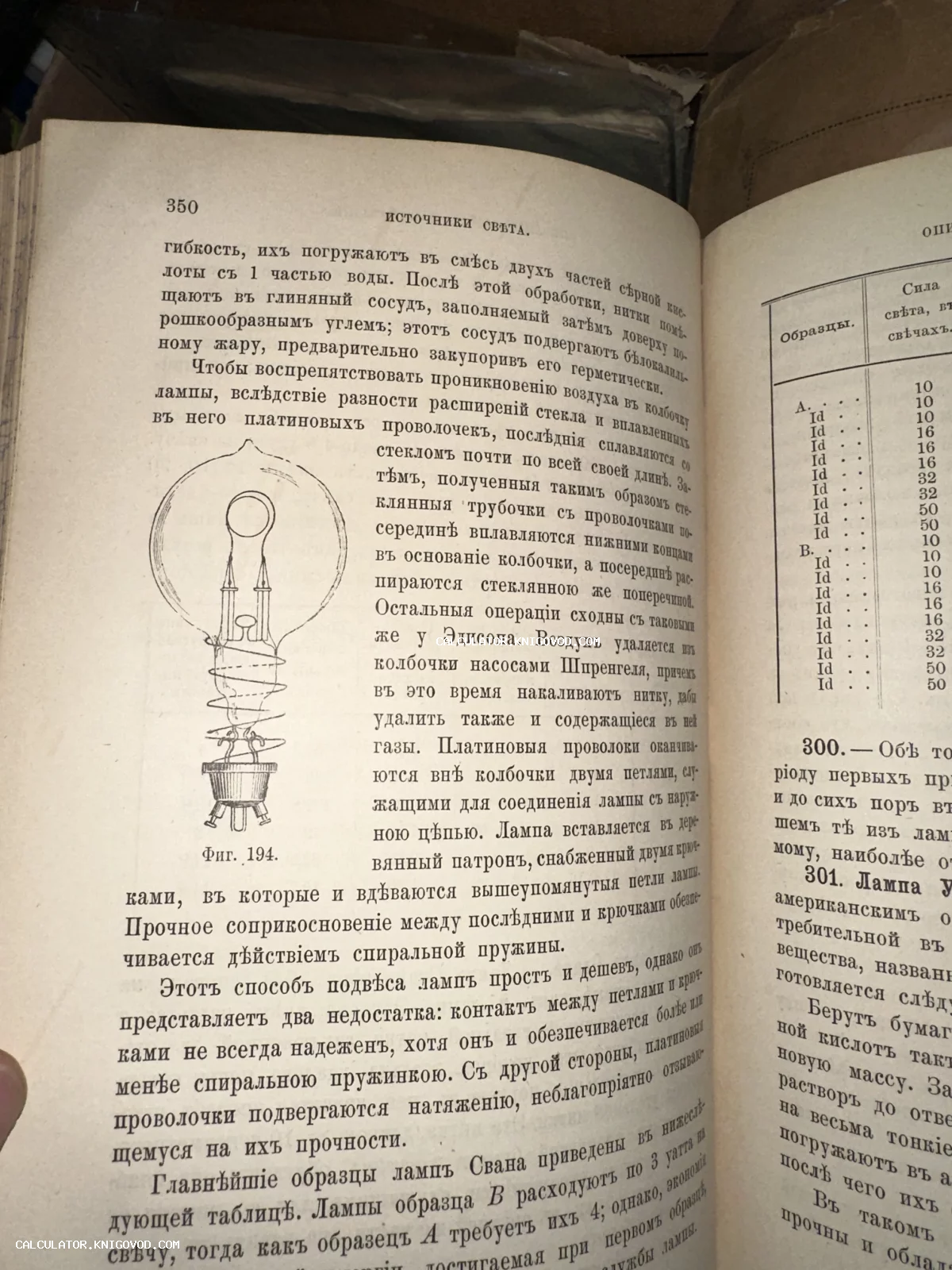 Разворот старинной книги с дореволюционным шрифтом, схемой электрической лампы и техническим описанием.