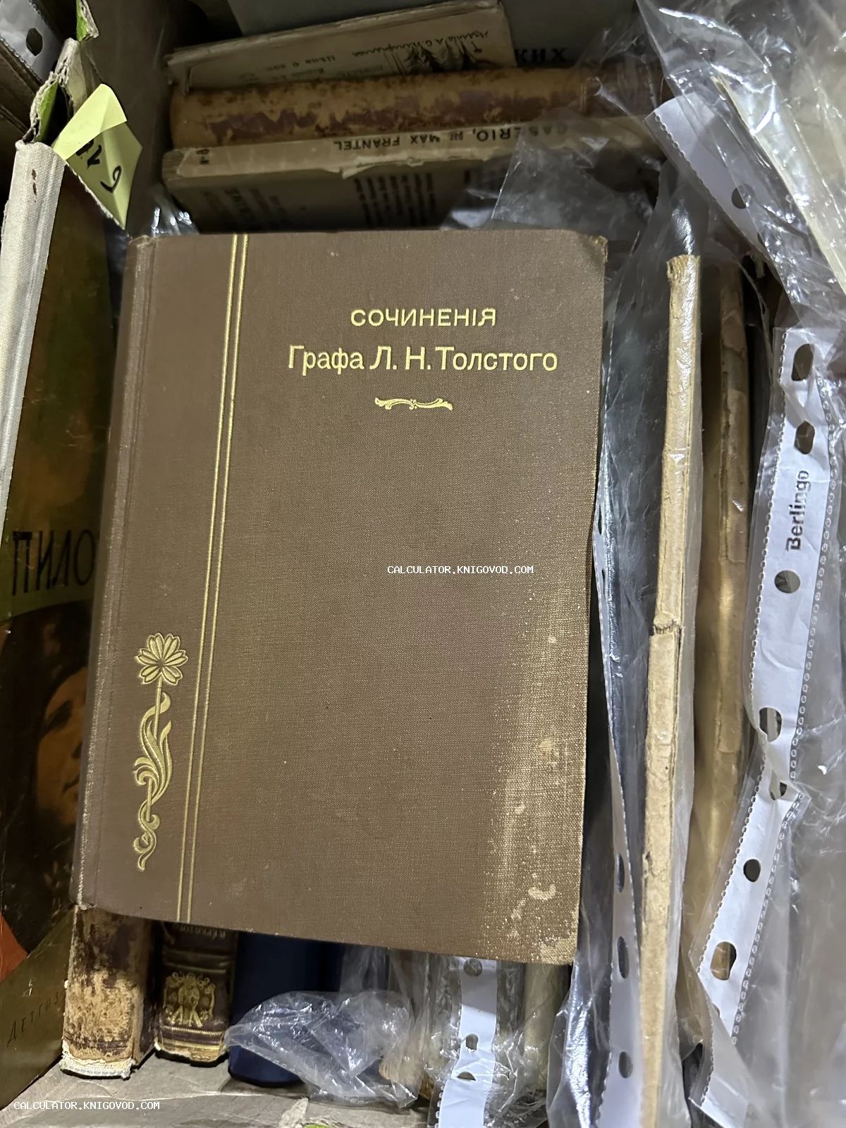 Старинная книга в коричневом переплете с золотым тиснением «Сочиненiя Графа Л. Н. Толстого» среди других архивных материалов.