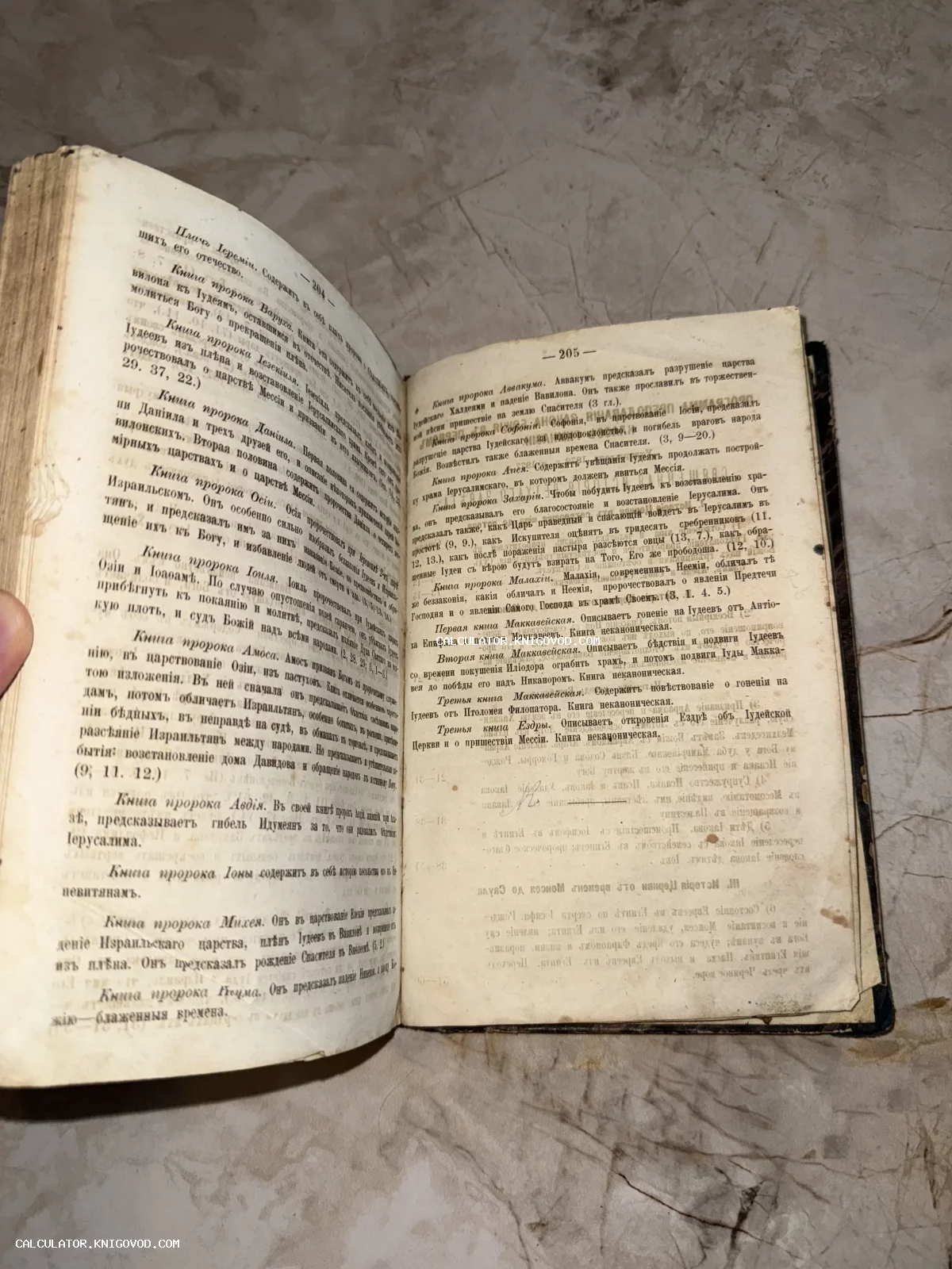 Разворот открытой антикварной книги с текстом на дореволюционном русском языке, содержащим краткие сведения о библейских пророках.
