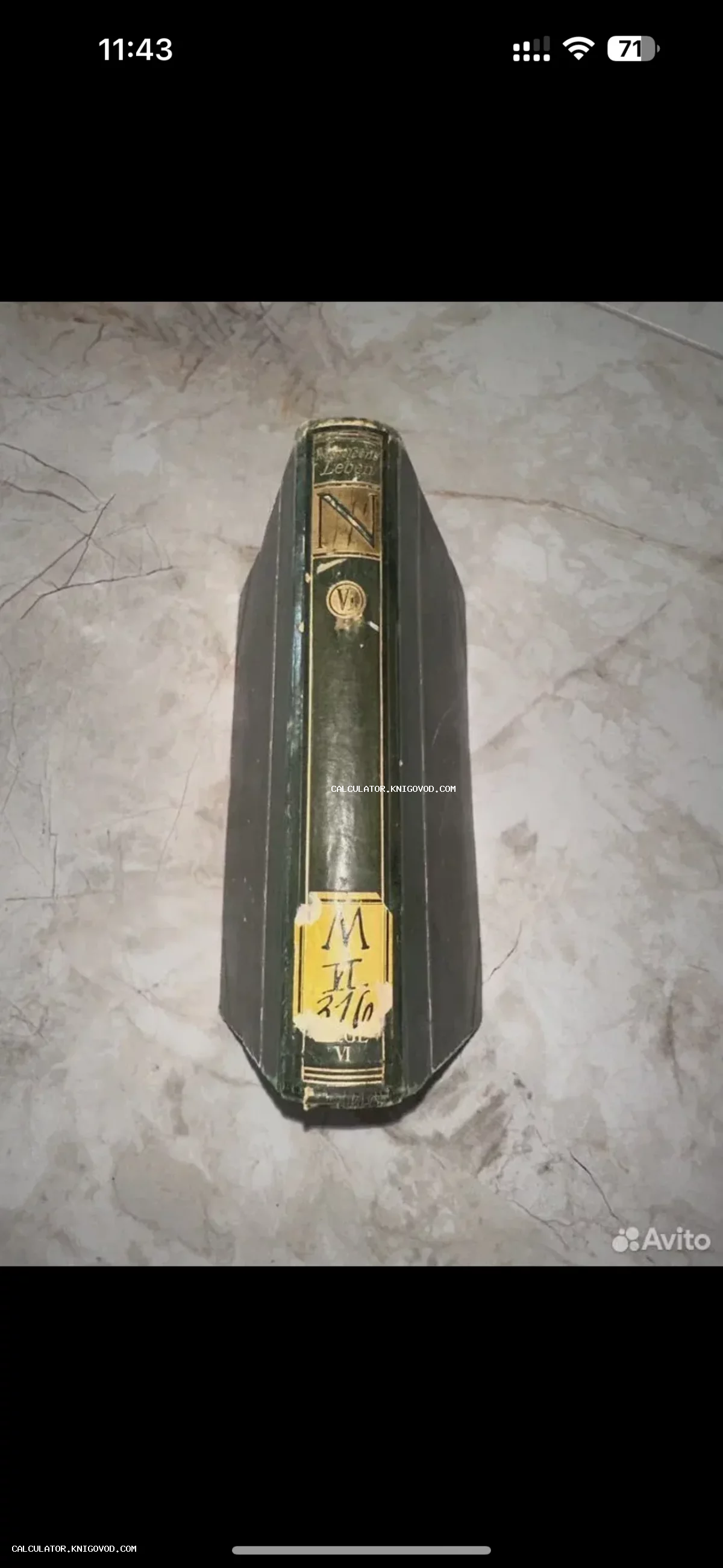 Корешок старинной книги в темно-зеленом переплете с золотым тиснением, буквой N и рукописным библиотечным ярлыком.