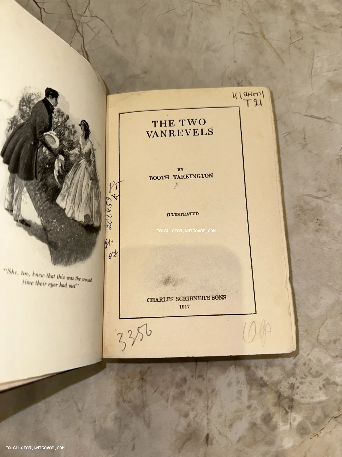 Титульный лист и фронтиспис книги Booth Tarkington 'The Two Vanrevels' 1917 года издания.