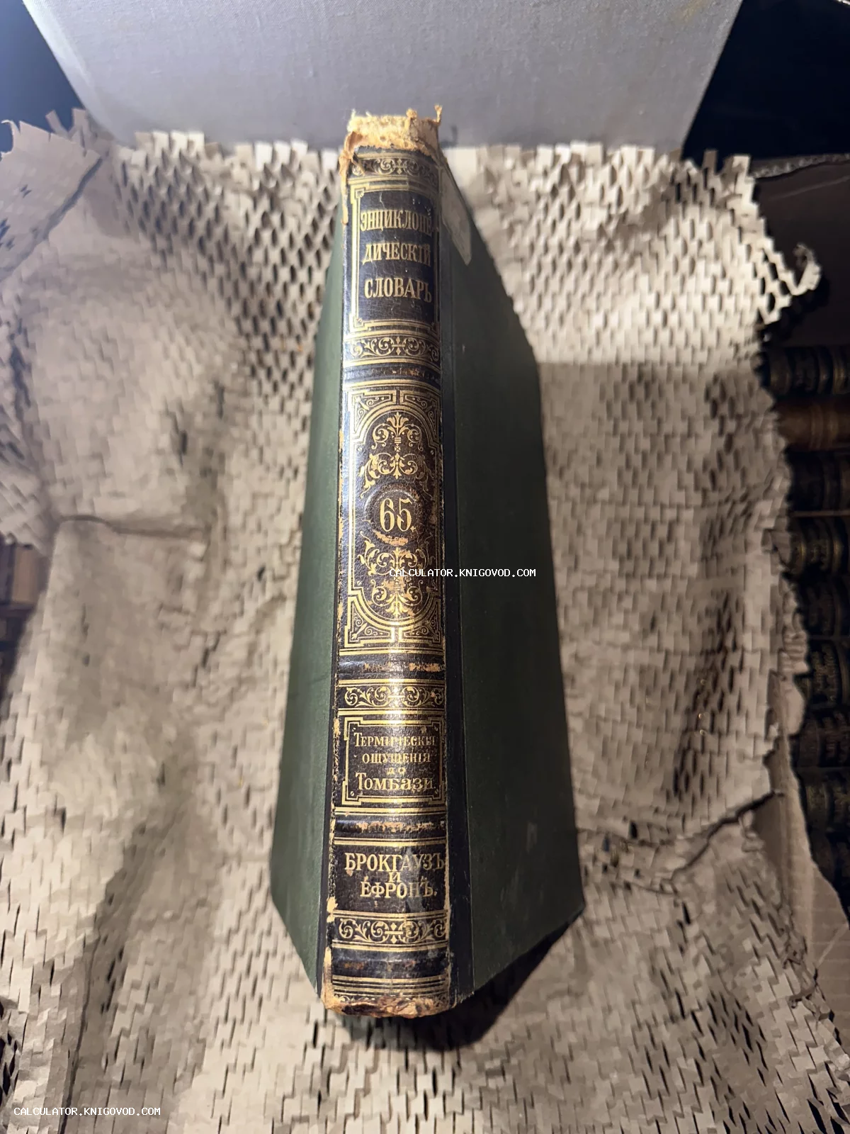 Корешок антикварной книги «Энциклопедический словарь Брокгауза и Ефрона», том 65, в кожаном переплете с золотым тиснением.