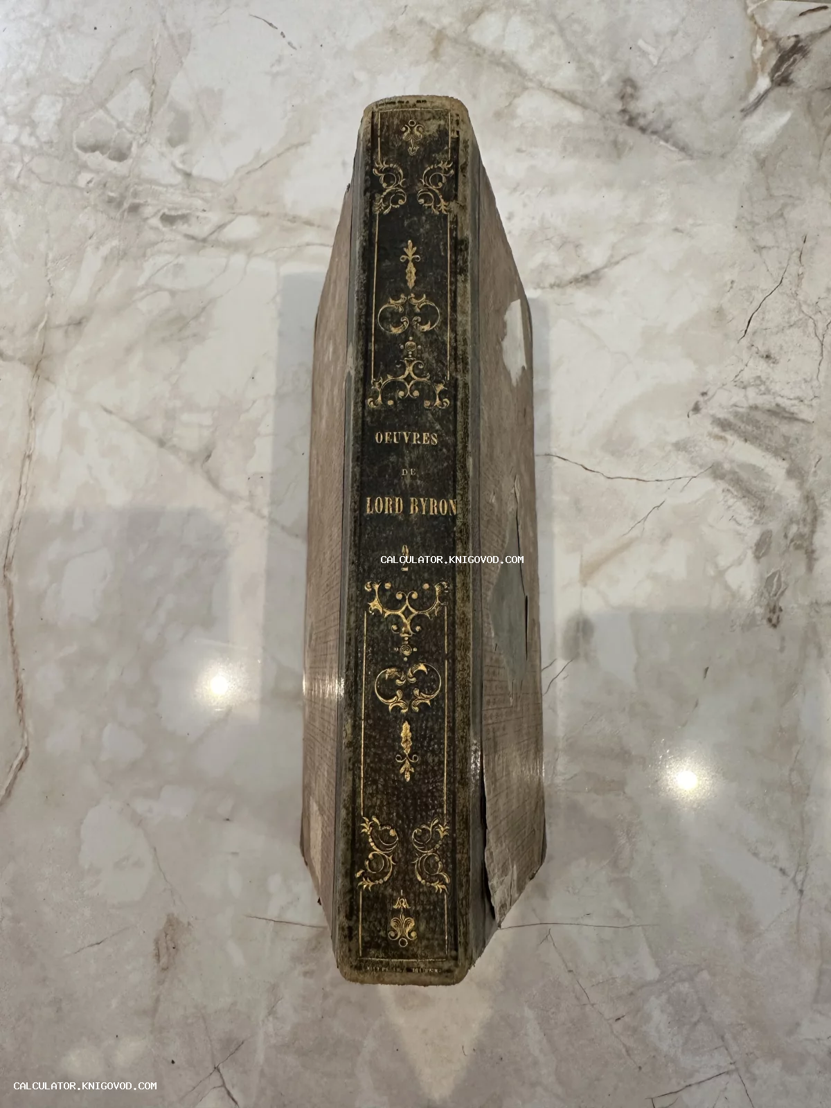Корешок старинной книги с золотым тиснением и надписью Oeuvres de Lord Byron на фоне мраморной поверхности.