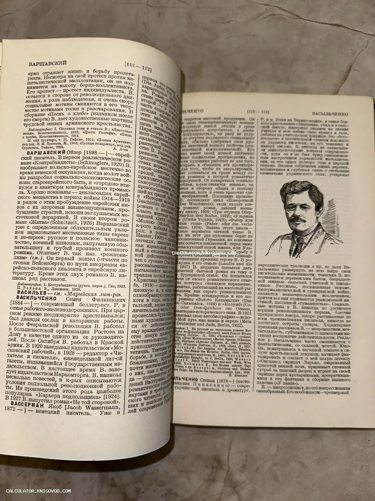 Разворот старой книги с русским текстом, биографическими статьями о писателях и черно-белым портретом.