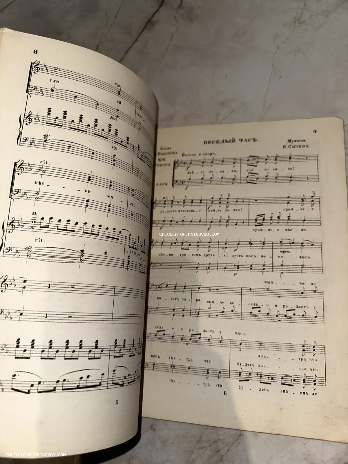 Разворот старинной книги с музыкальными нотами и текстом песни на русском языке в дореволюционной орфографии.