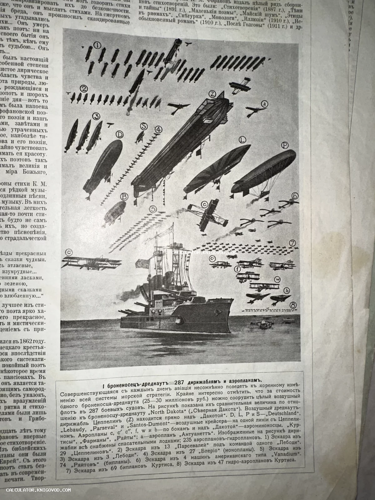 Старинная журнальная иллюстрация с изображением броненосца-дредноута в окружении множества дирижаблей и аэропланов различных типов.