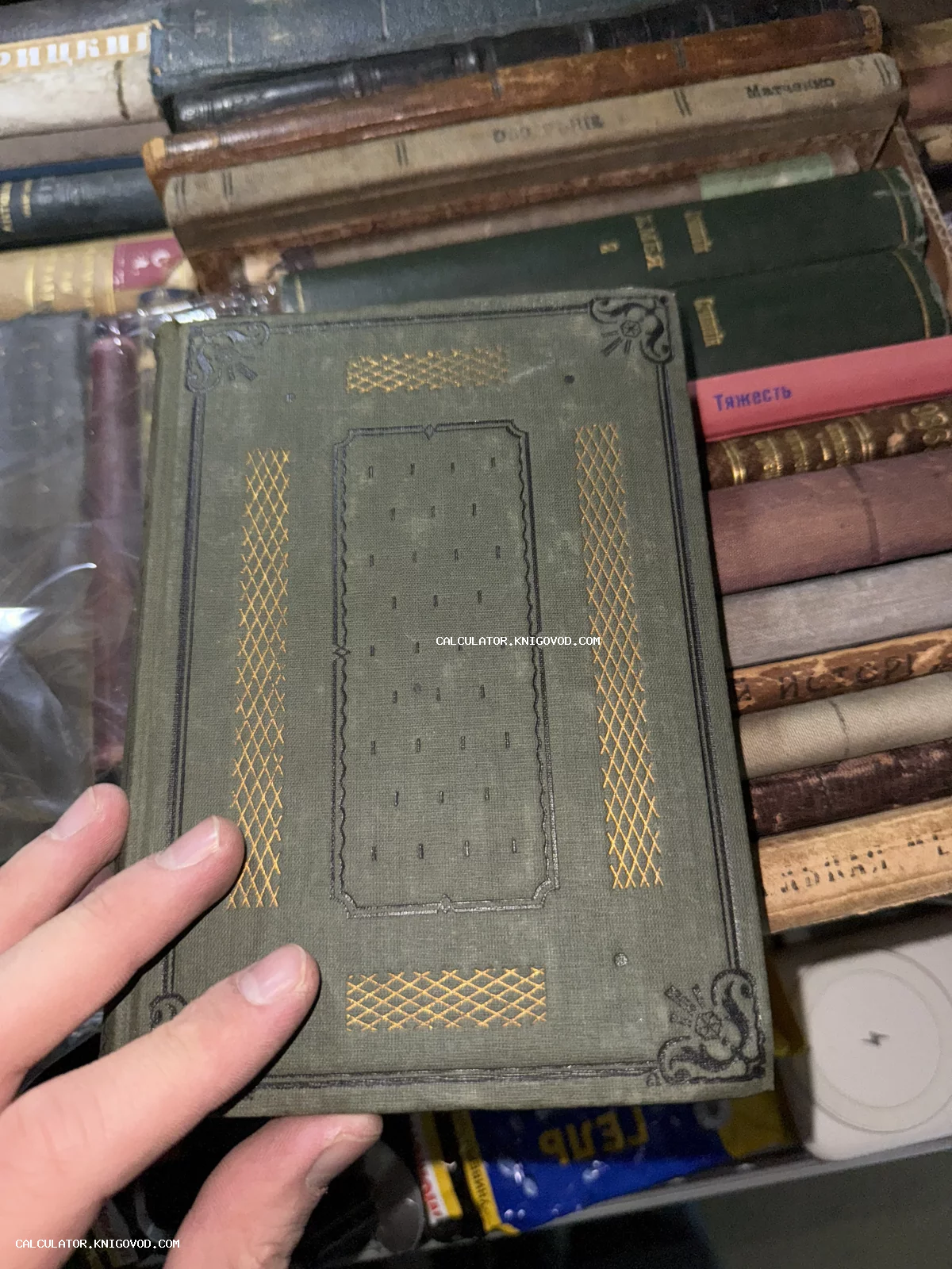 Старинная книга в темно-зеленом тканевом переплете с декоративным золотым и черным тиснением, удерживаемая рукой на фоне других антикварных книг.