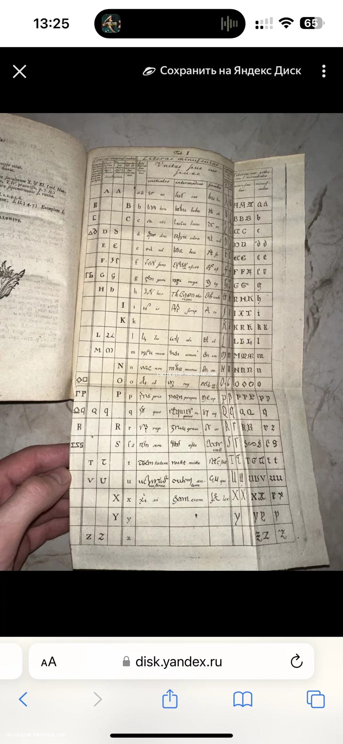 Разворот антикварной книги с большой складной таблицей, демонстрирующей различные стили начертания латинских и греческих букв.