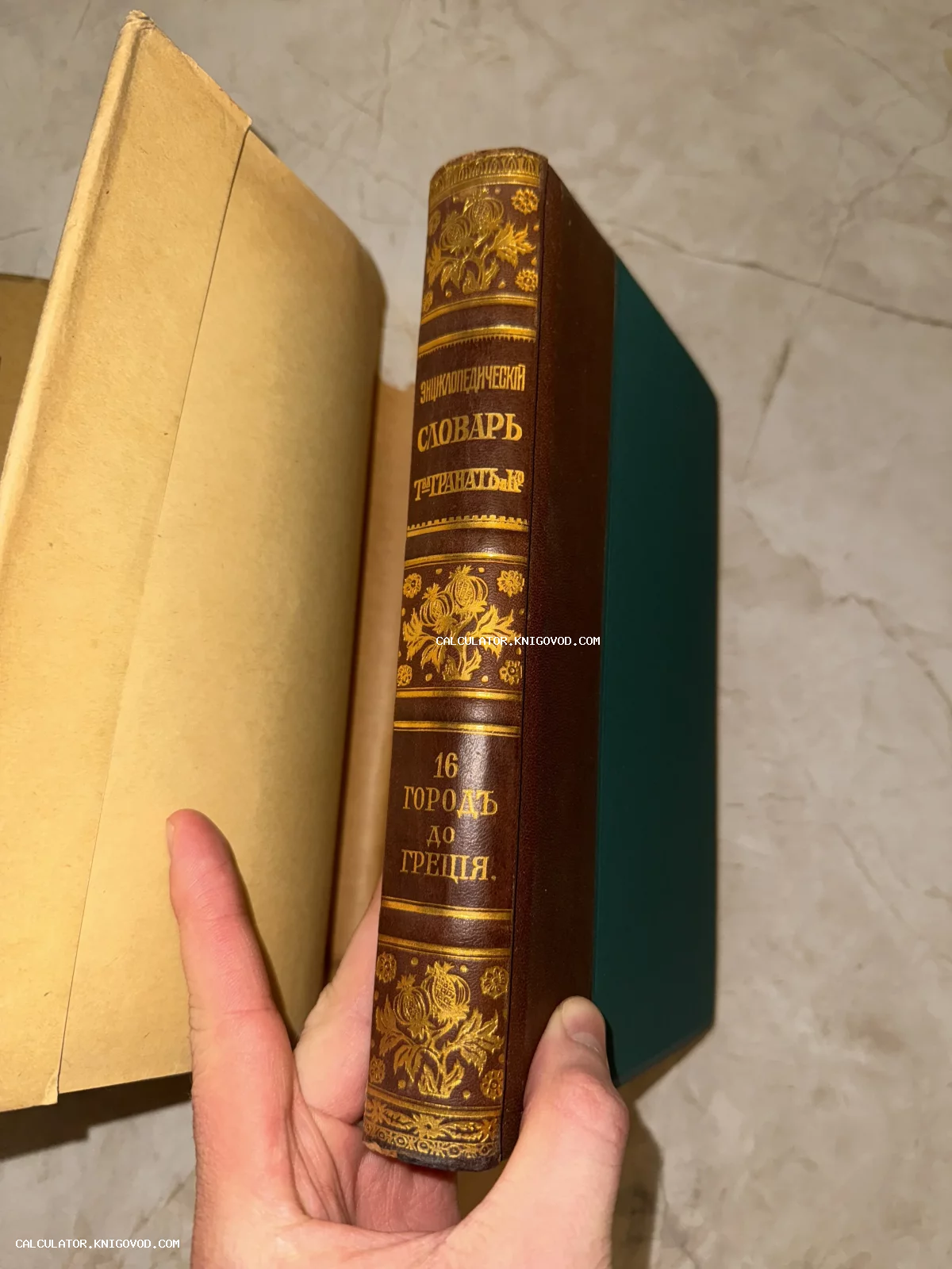 Корешок антикварной книги 'Энциклопедический словарь Т-ва Гранат и Ко', том 16, с золотым тиснением и растительным орнаментом.