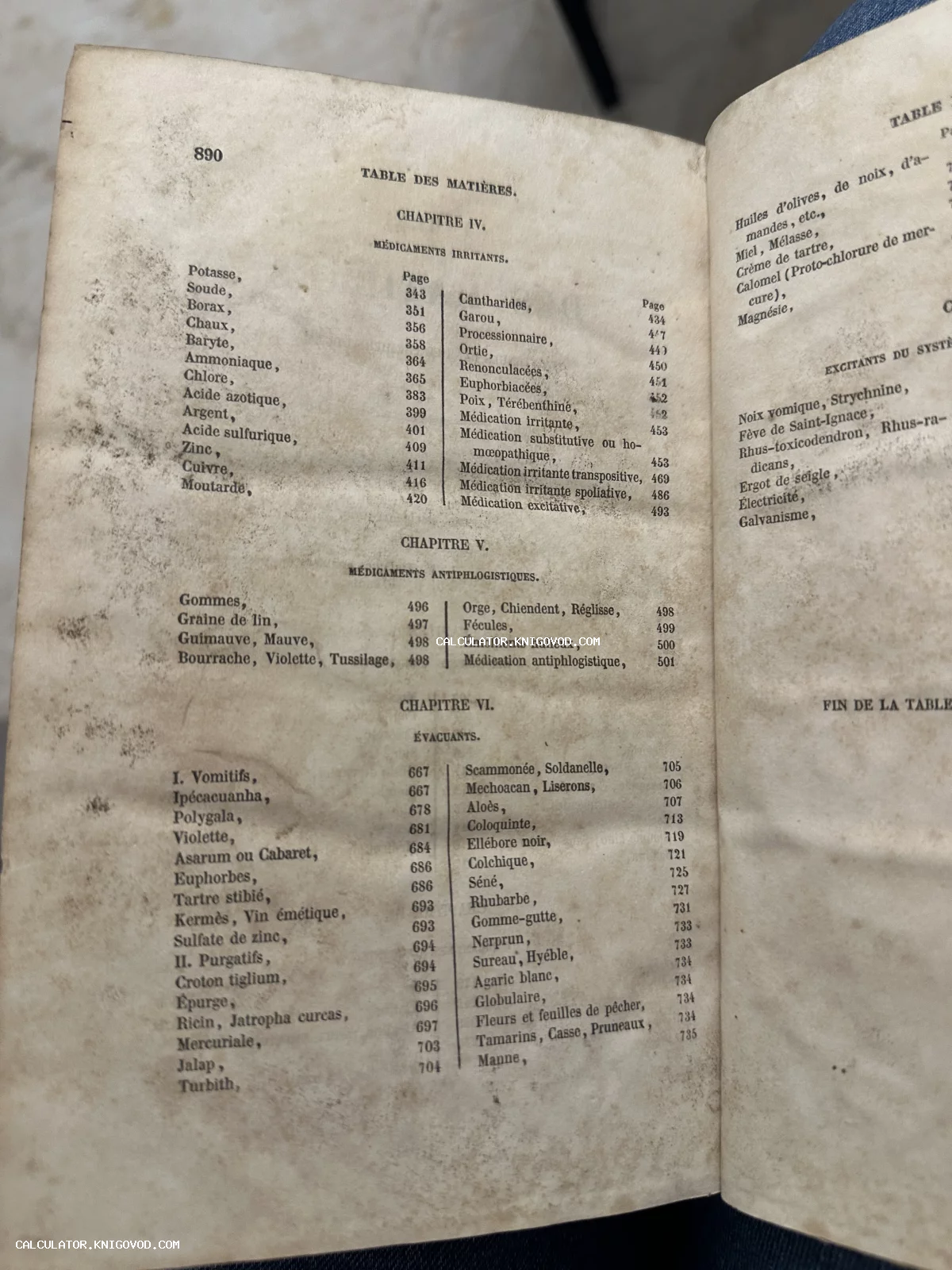 Разворот старинной книги на французском языке со списком медицинских препаратов и химических веществ.