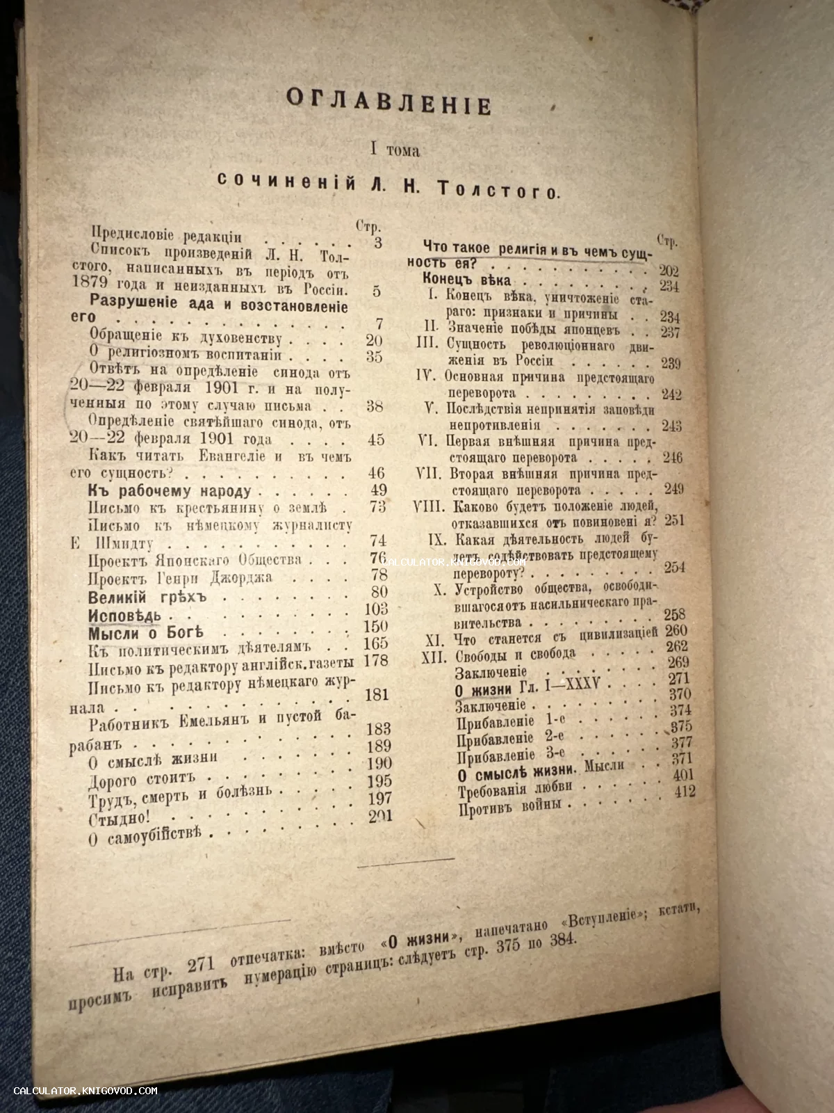 Печатная страница оглавления антикварной книги Льва Толстого с перечнем произведений в дореволюционной орфографии.