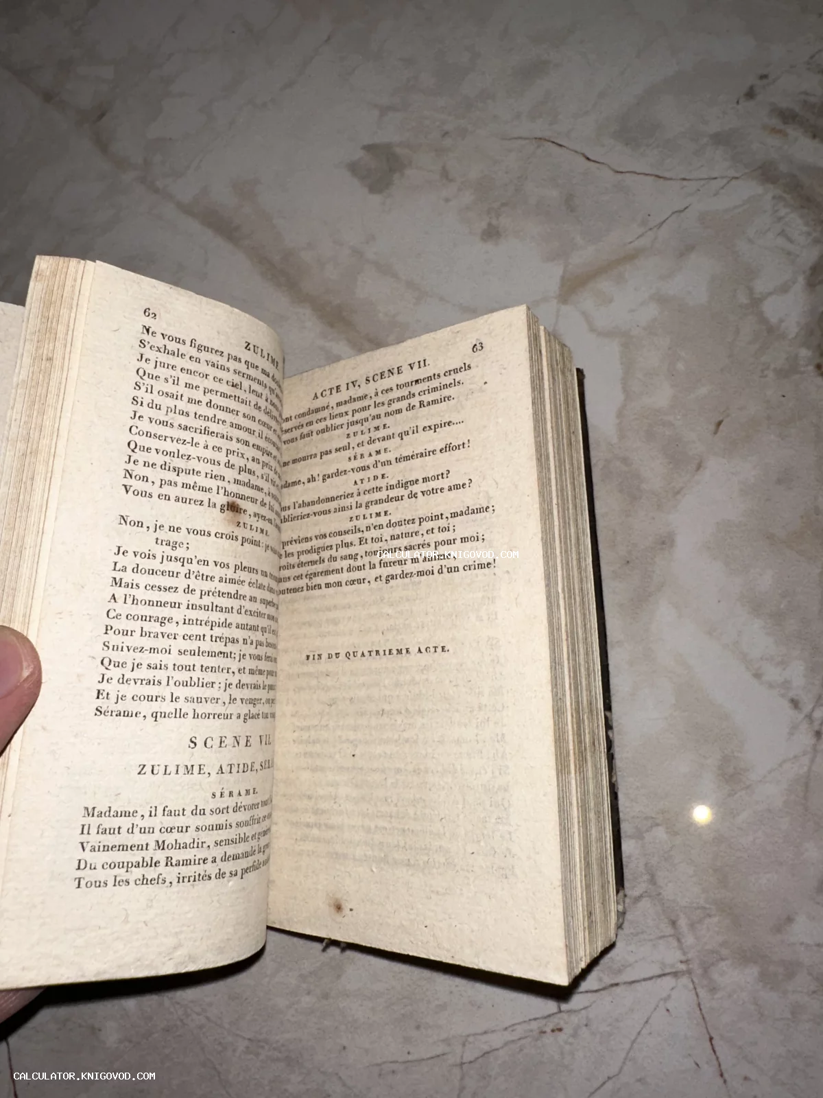 Раскрытая старинная книга на французском языке со следами времени на пожелтевших страницах.