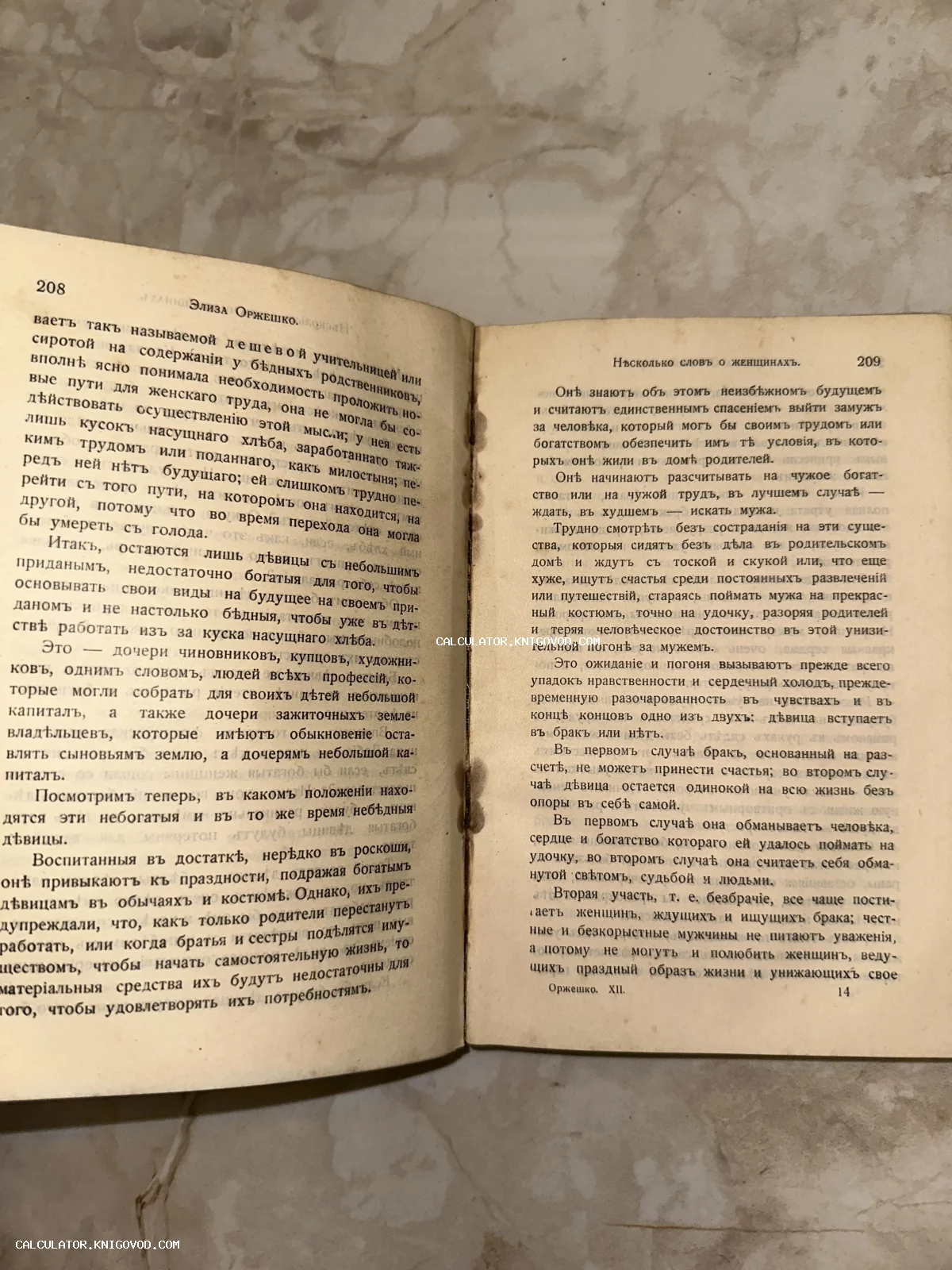 Разворот старинной книги с текстом на дореволюционном русском языке, страницы 208 и 209, автор Элиза Ожешко.