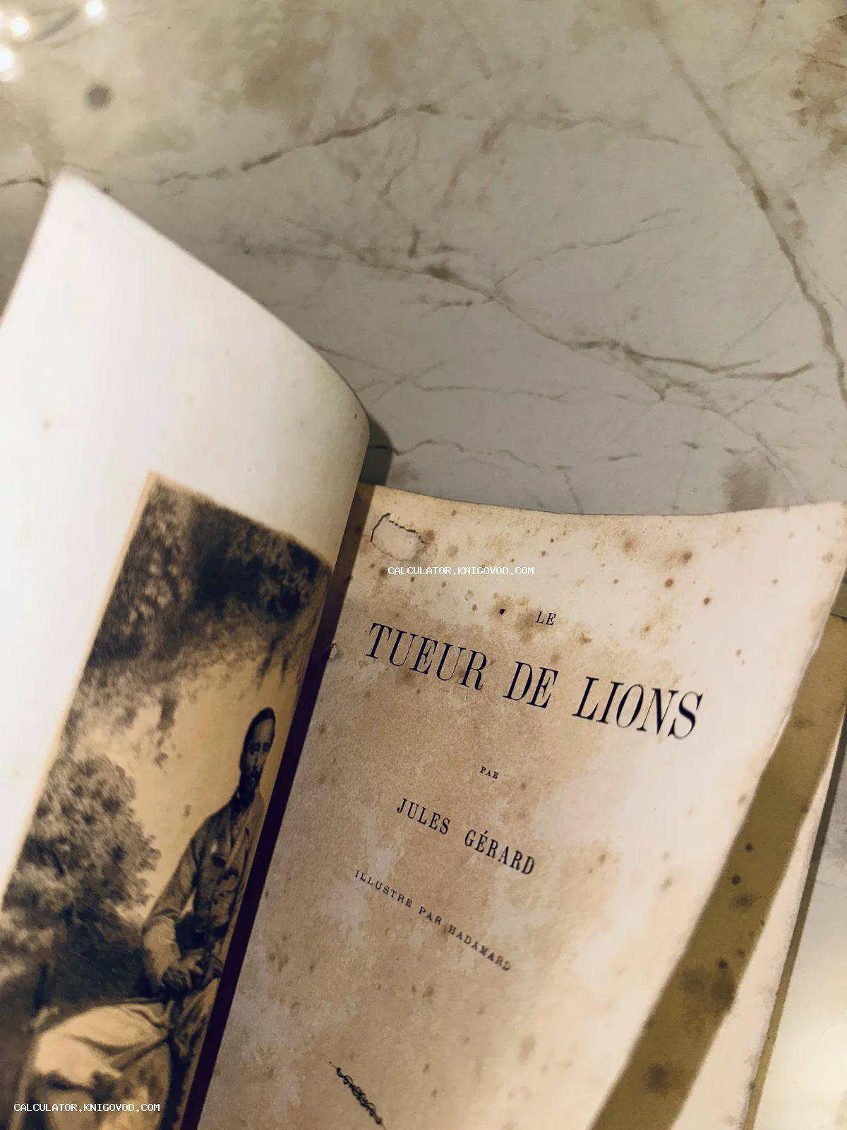 Разворот старинной французской книги Le Tueur de Lions Жюля Жерара с гравированным портретом и титульным листом.