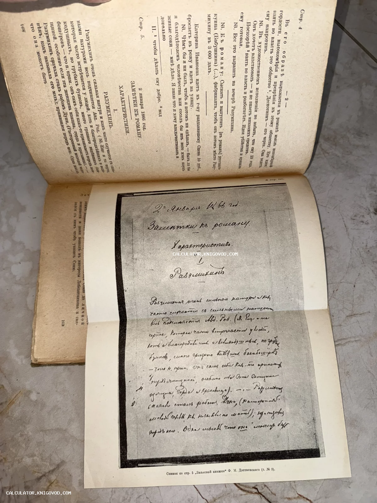 Разворот антикварной книги с печатным текстом и факсимиле рукописи Ф. М. Достоевского с описанием персонажа Разумихина.