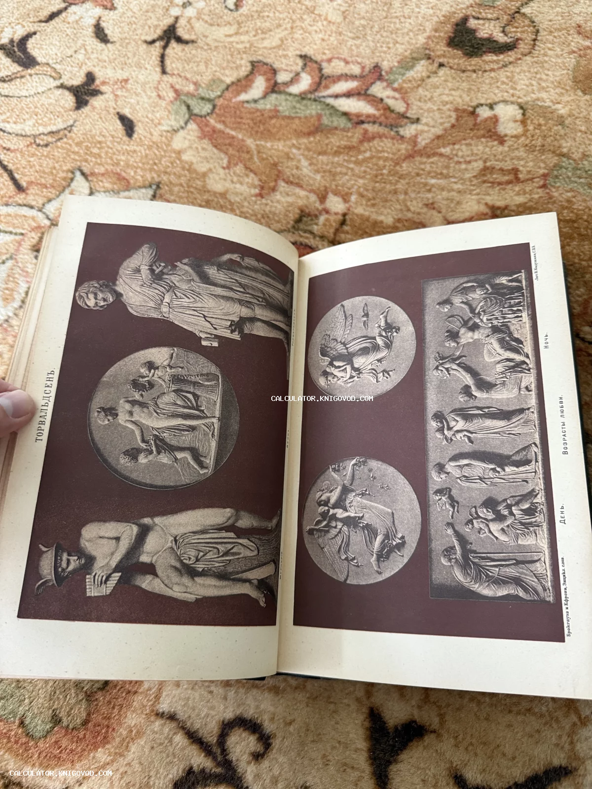 Открытый разворот антикварной книги с черно-белыми иллюстрациями скульптур и барельефов Бертеля Торвальдсена на темном фоне.