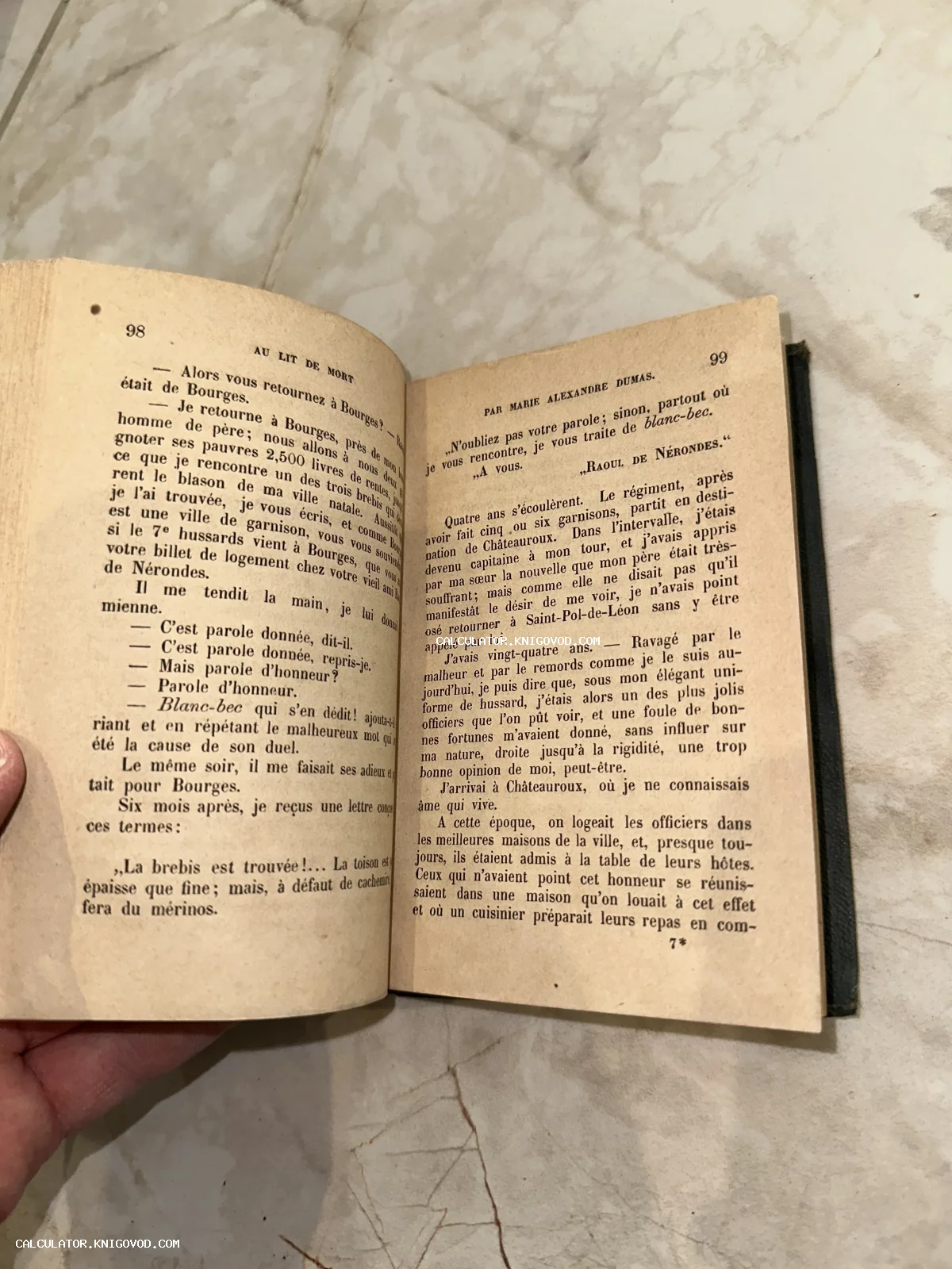 Разворот старинной книги на французском языке с пожелтевшими страницами, текст романа Au Lit de Mort, автор Marie Alexandre Dumas.