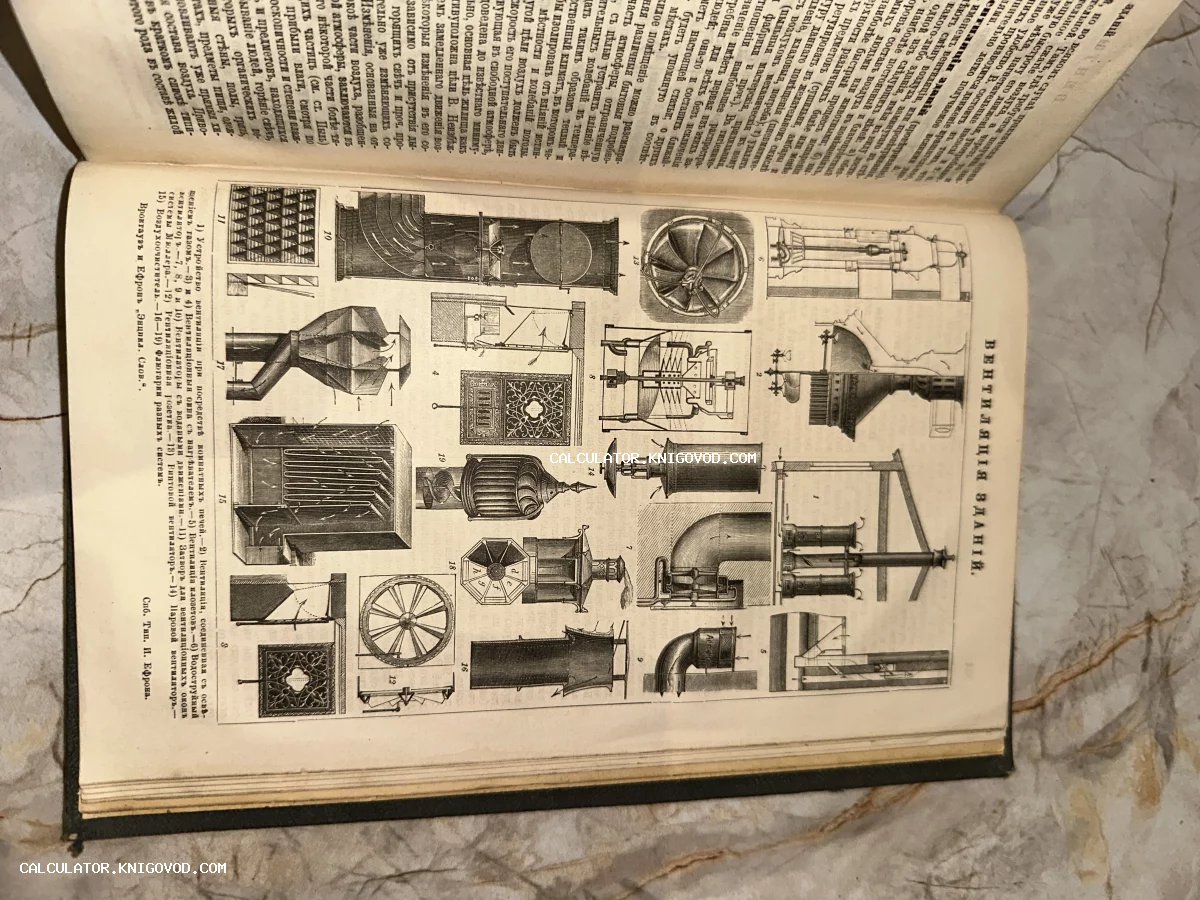 Разворот антикварной книги со статьей и детальными техническими чертежами систем вентиляции зданий конца XIX века.