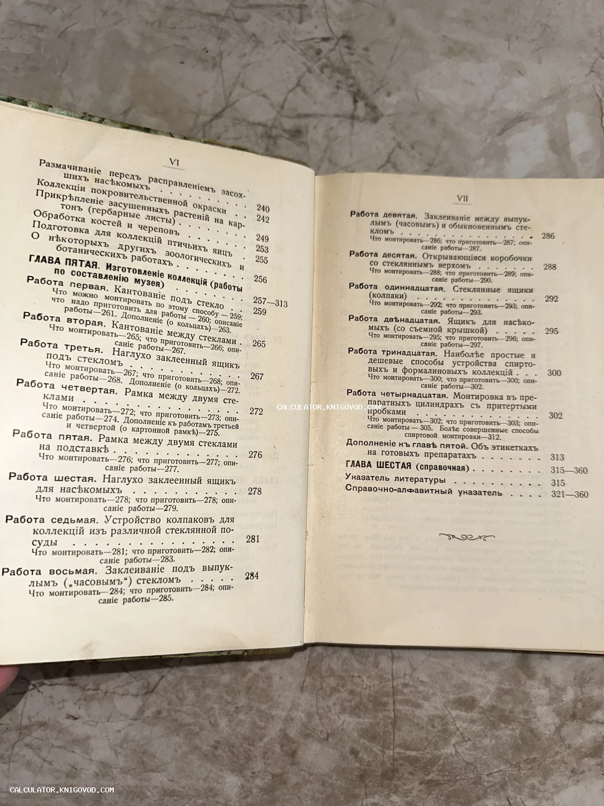 Разворот антикварной книги с оглавлением главы об изготовлении естественнонаучных коллекций и подготовке музейных экспонатов.