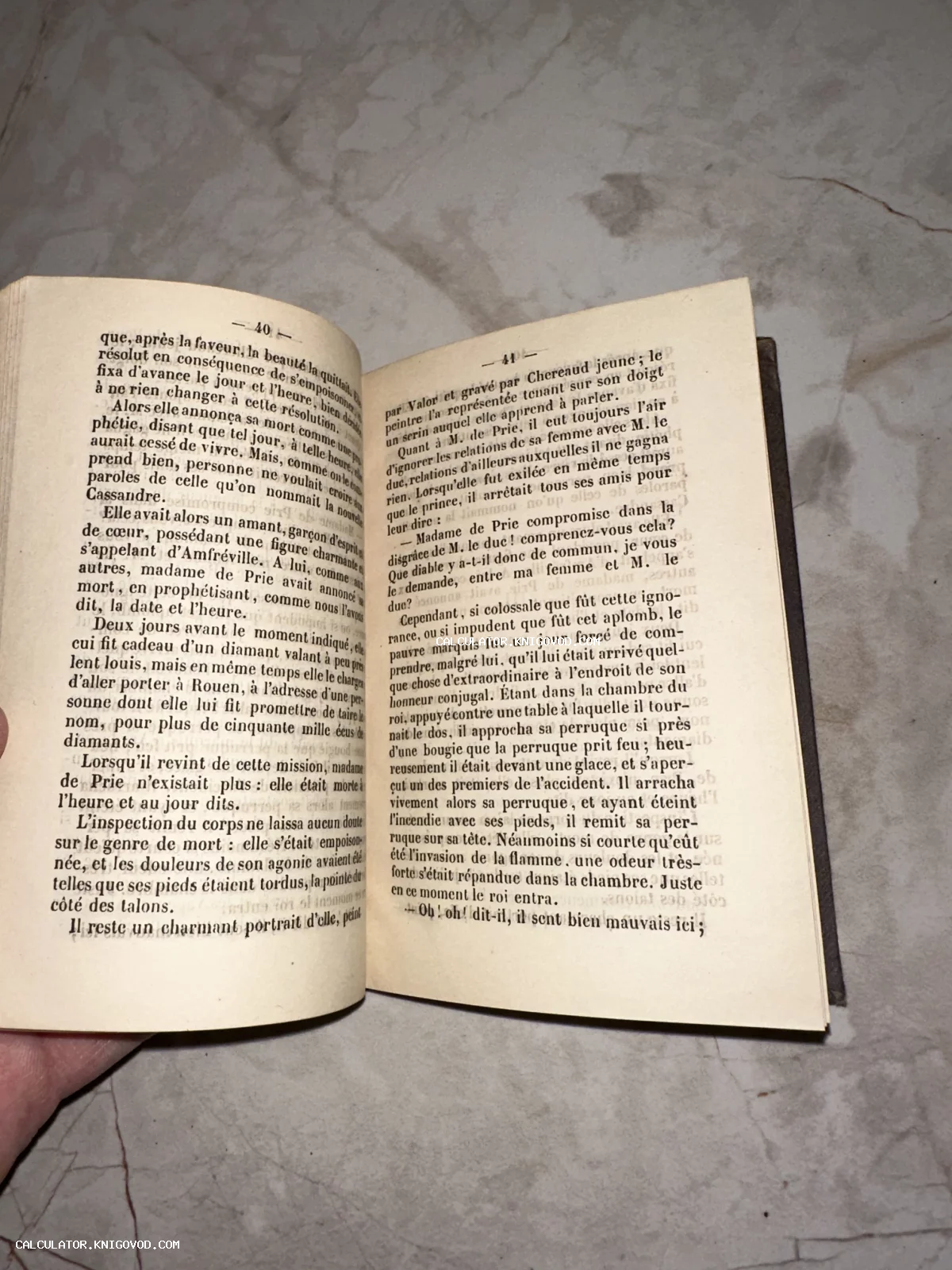 Разворот антикварной книги на французском языке с пожелтевшими от времени страницами.