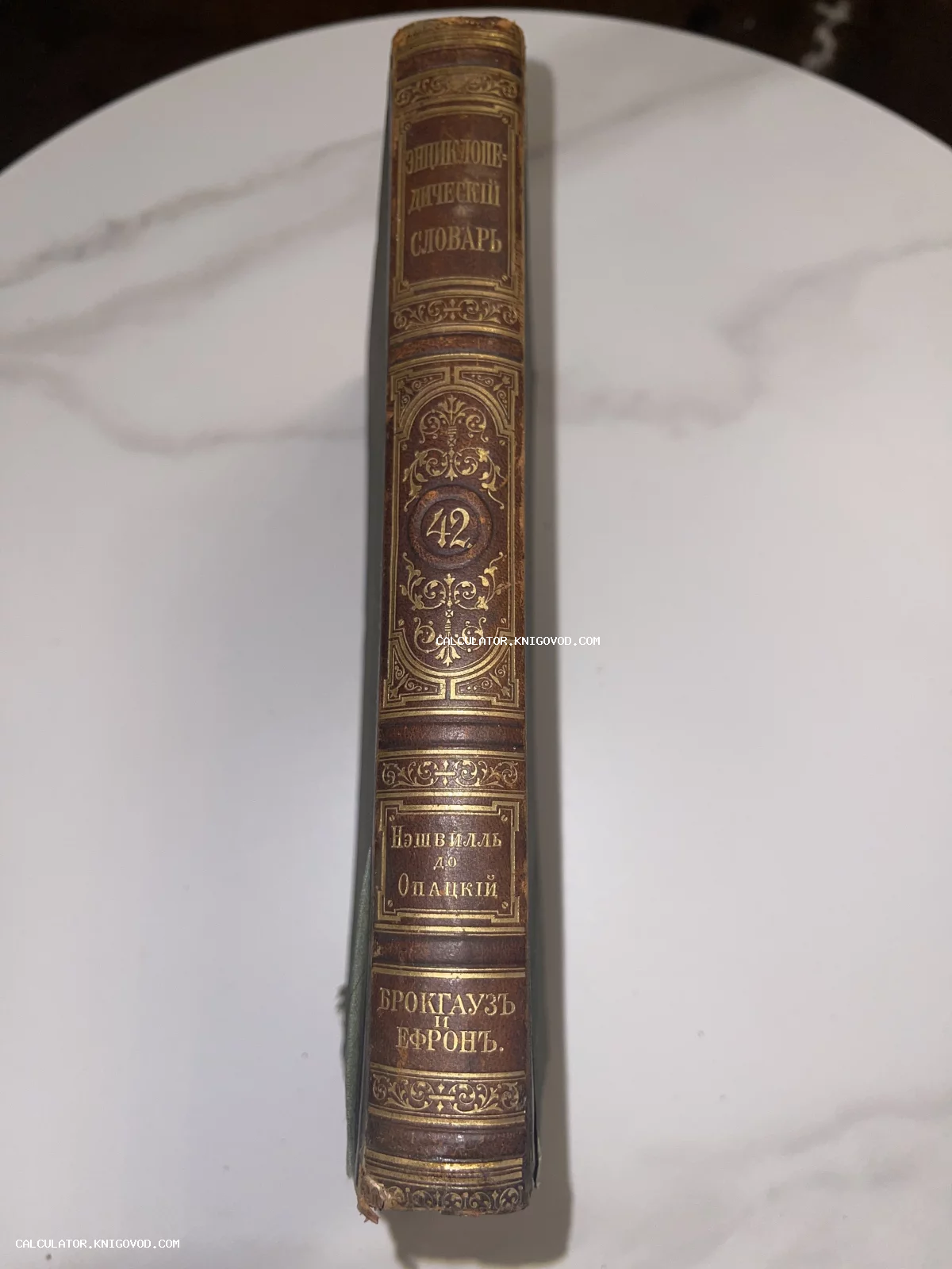 Корешок антикварной книги в коричневом кожаном переплете с золотым тиснением «Энциклопедический словарь Брокгауза и Ефрона», том 42.