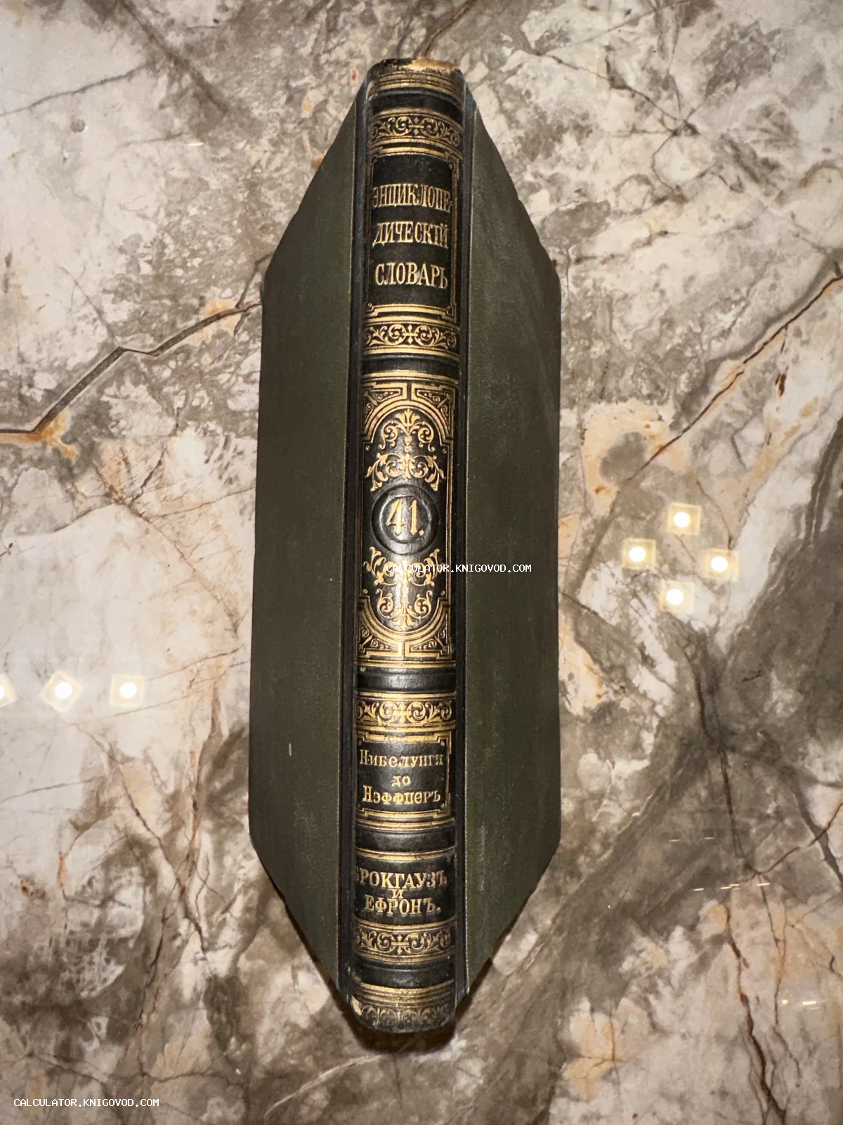 Антикварный том энциклопедического словаря Брокгауза и Ефрона, вид на корешок с золотым тиснением на мраморном фоне.