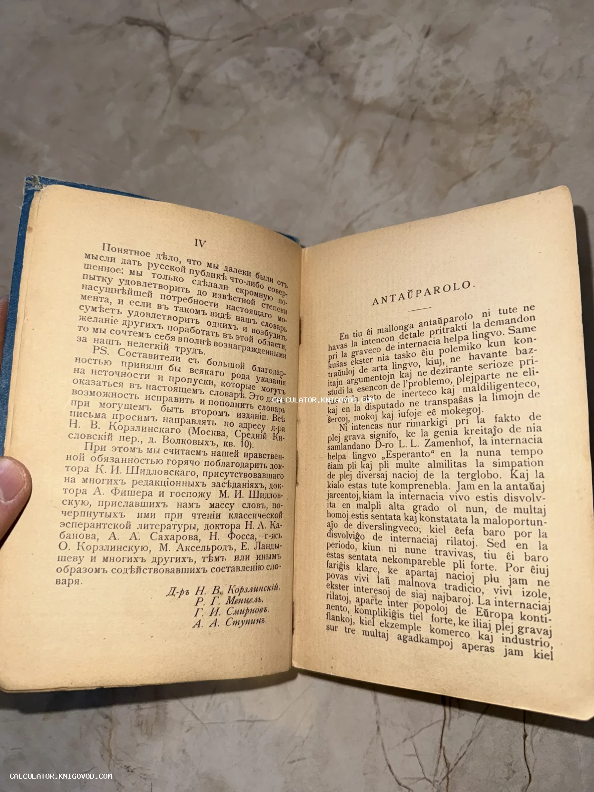 Разворот антикварной книги с параллельным текстом на русском языке в старой орфографии и на языке эсперанто.