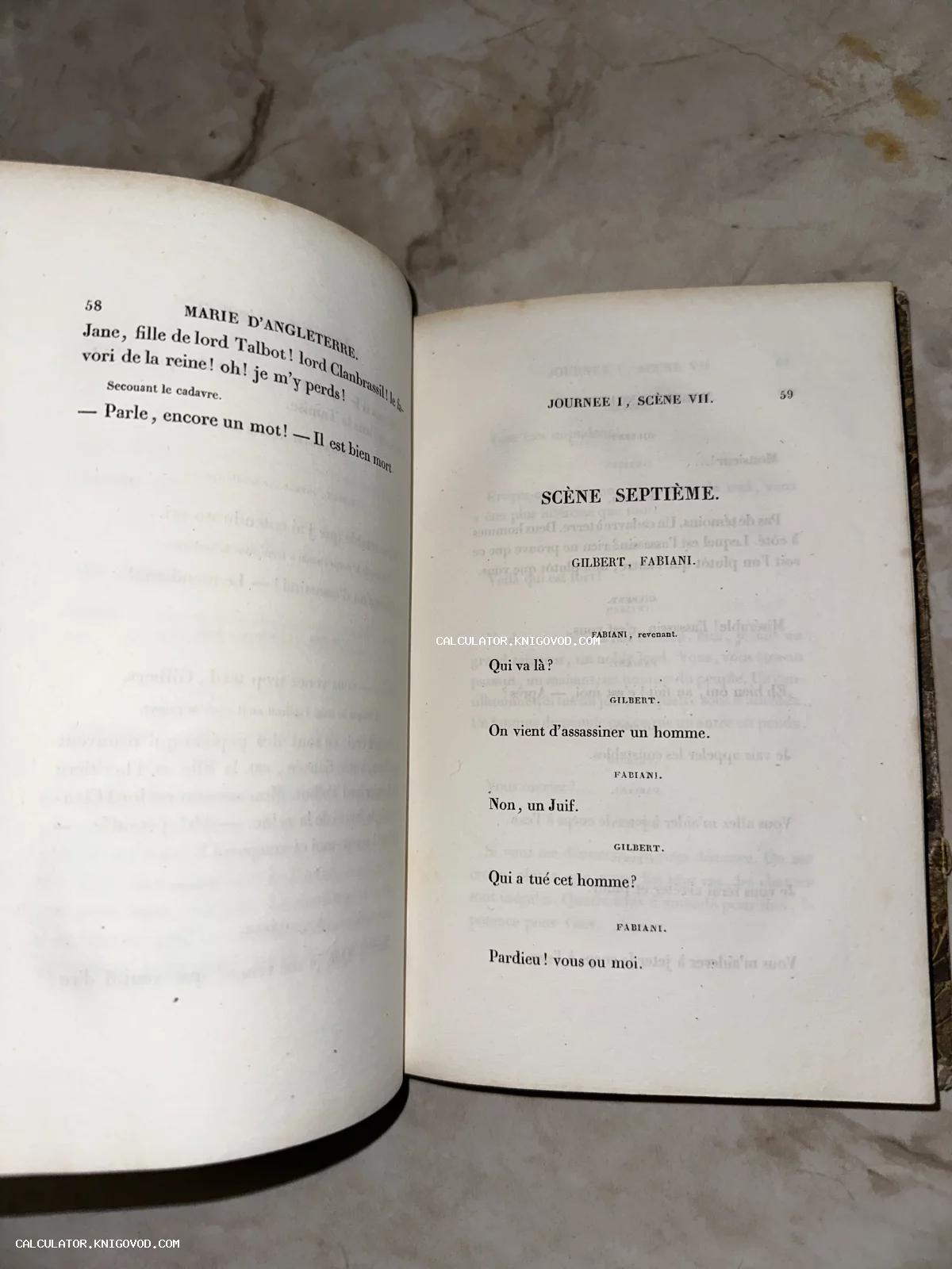 Разворот старинной книги на французском языке с текстом пьесы Marie d'Angleterre, страницы 58 и 59.