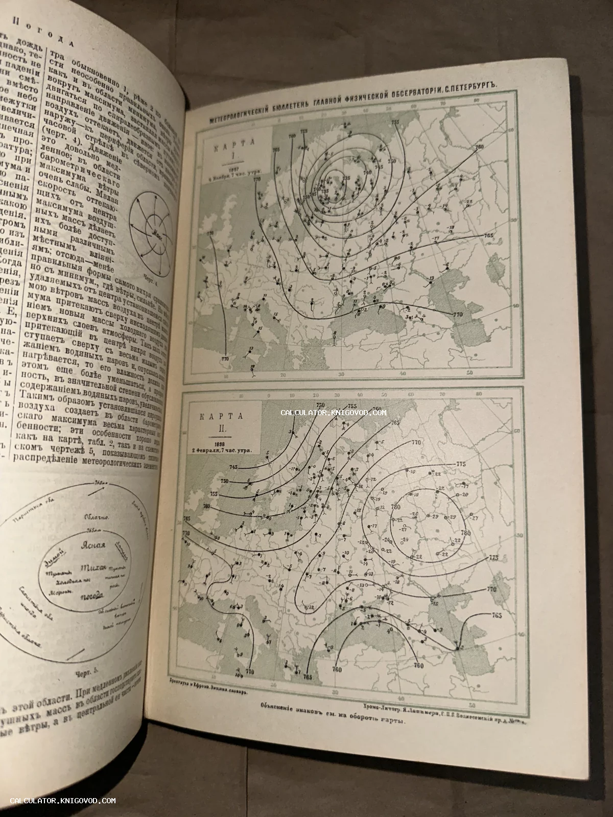 Разворот старинной книги с двумя метеорологическими картами Европы и текстом на дореволюционном русском языке.