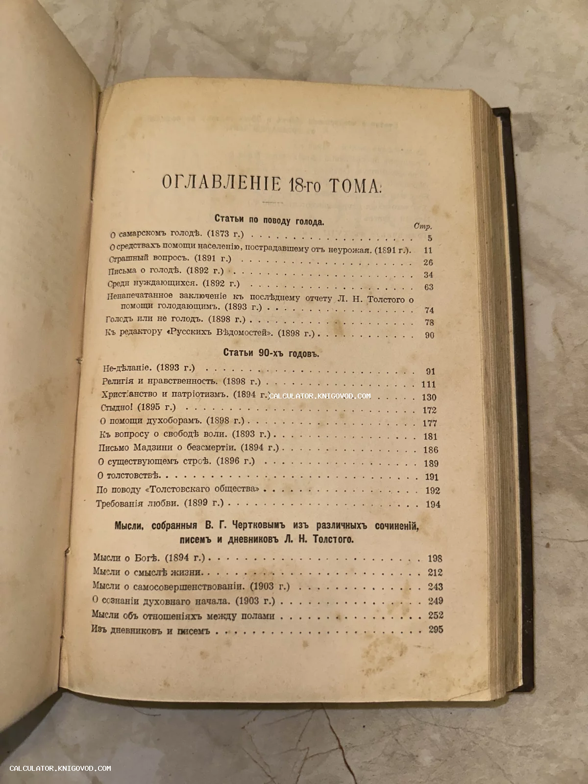 Фотография страницы антикварной книги с оглавлением 18-го тома, включающего статьи Льва Толстого о голоде и мысли, собранные Чертковым.