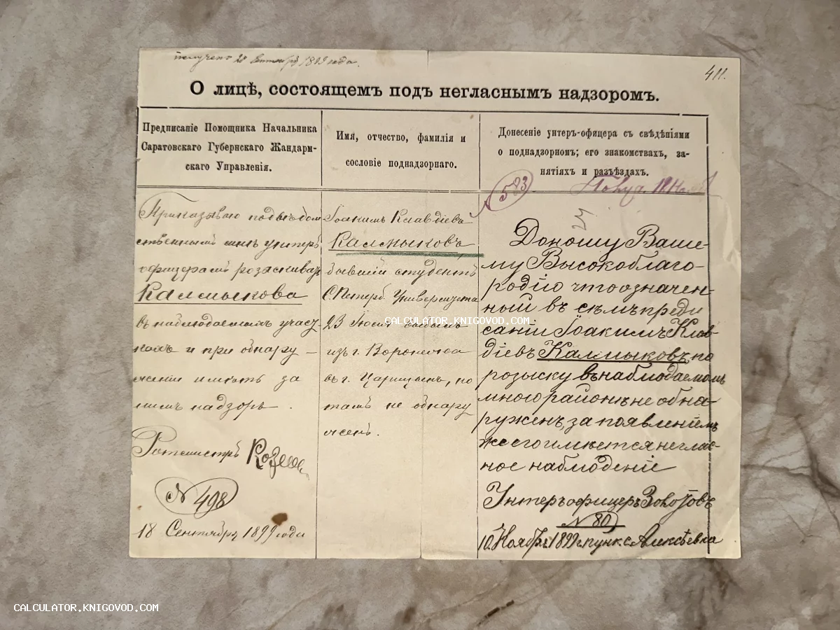 Оригинальный бланк Саратовского губернского жандармского управления с рукописным текстом о наблюдении за поднадзорным лицом.