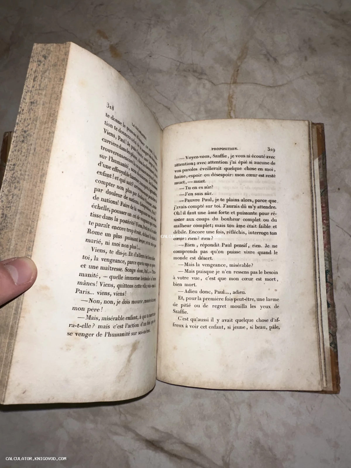 Разворот старинной книги на французском языке с пожелтевшими страницами и следами времени.