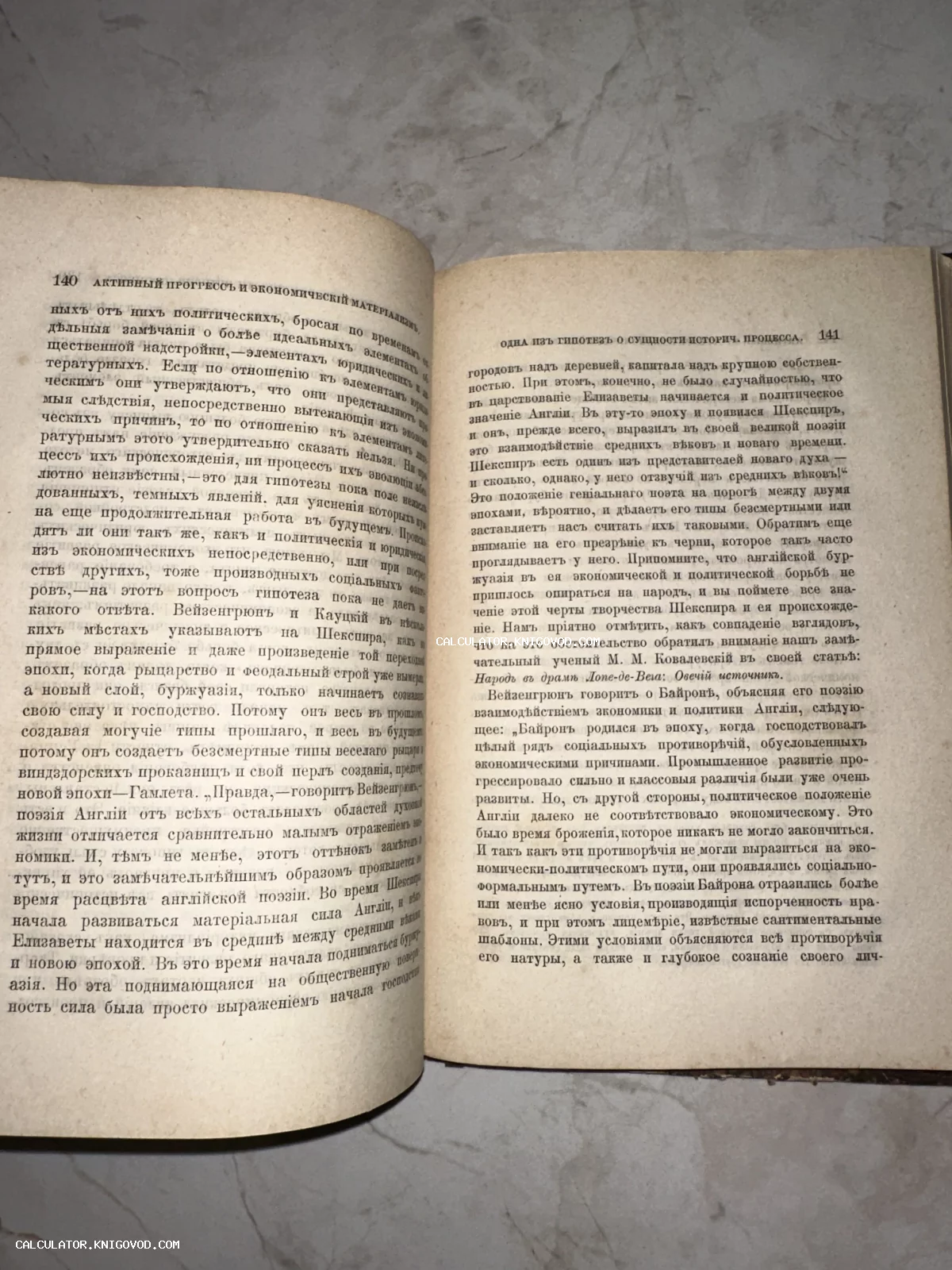 Разворот старой книги с текстом на дореволюционном русском языке, страницы 140 и 141, посвященные экономическому материализму и Шекспиру.