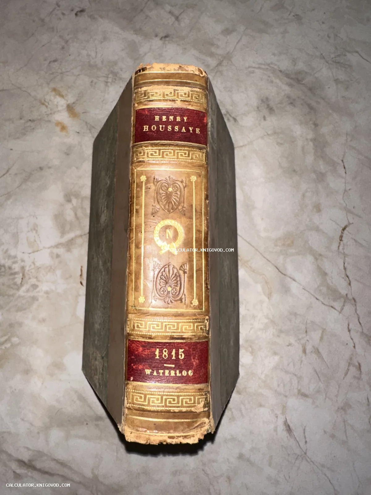 Кожаный корешок старинной книги Генри Уссе с золотым тиснением, орнаментом и надписью 1815 Waterloo