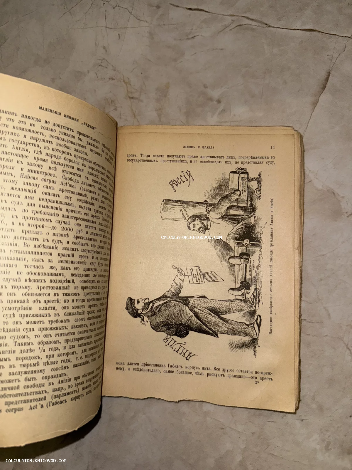 Страница антикварной книги с карикатурой, сравнивающей гражданские свободы в Англии и России начала XX века.