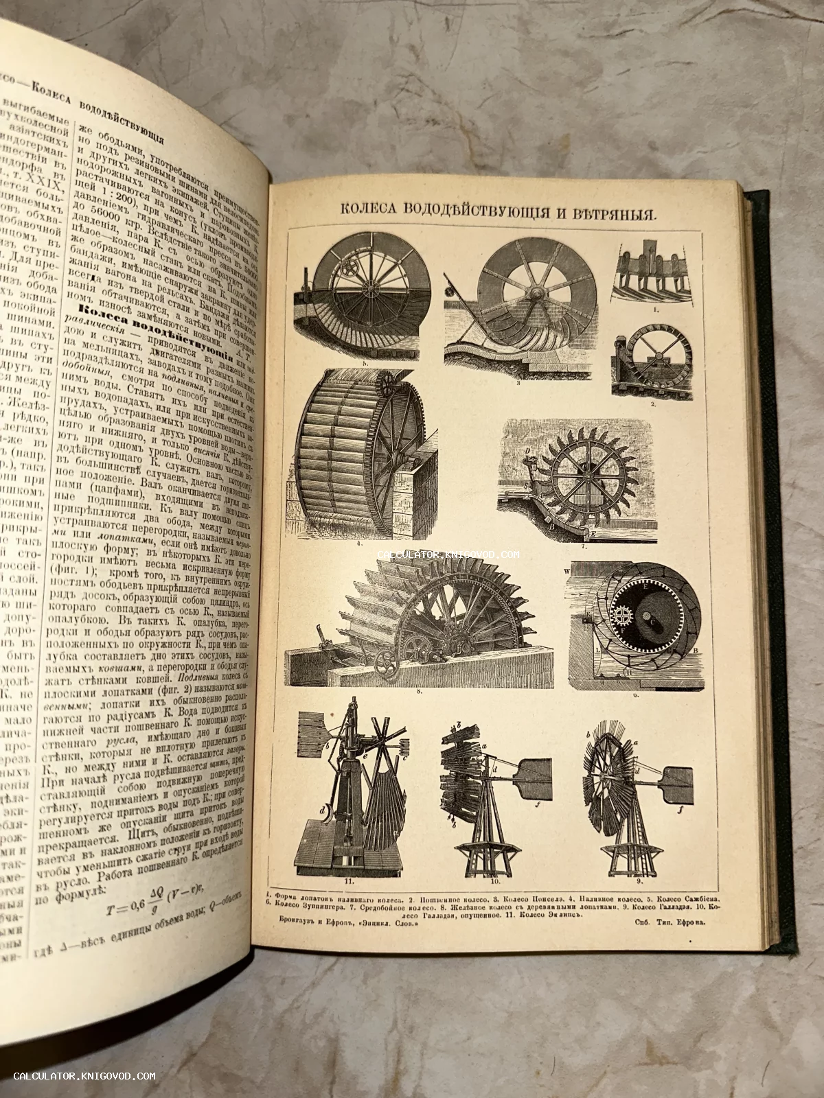 Открытый разворот антикварной книги с чертежами различных типов водяных и ветряных колес и текстом на дореволюционном русском языке.