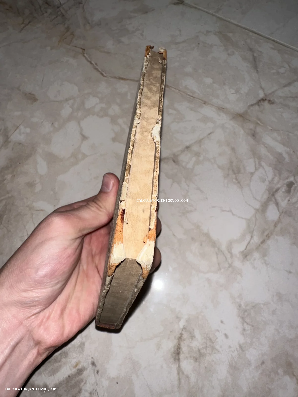 Вид сверху на потрепанный переплет и бумажный блок старинной книги в руке человека.