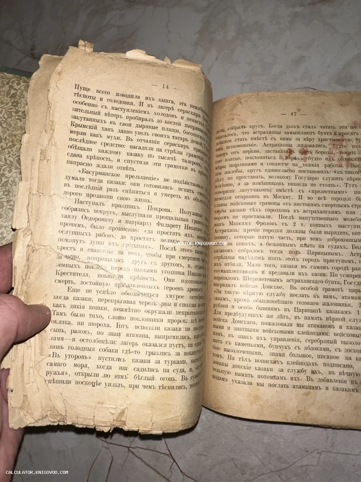 Разворот старой книги с пожелтевшими и потрепанными страницами, напечатанной на дореформенном русском языке.