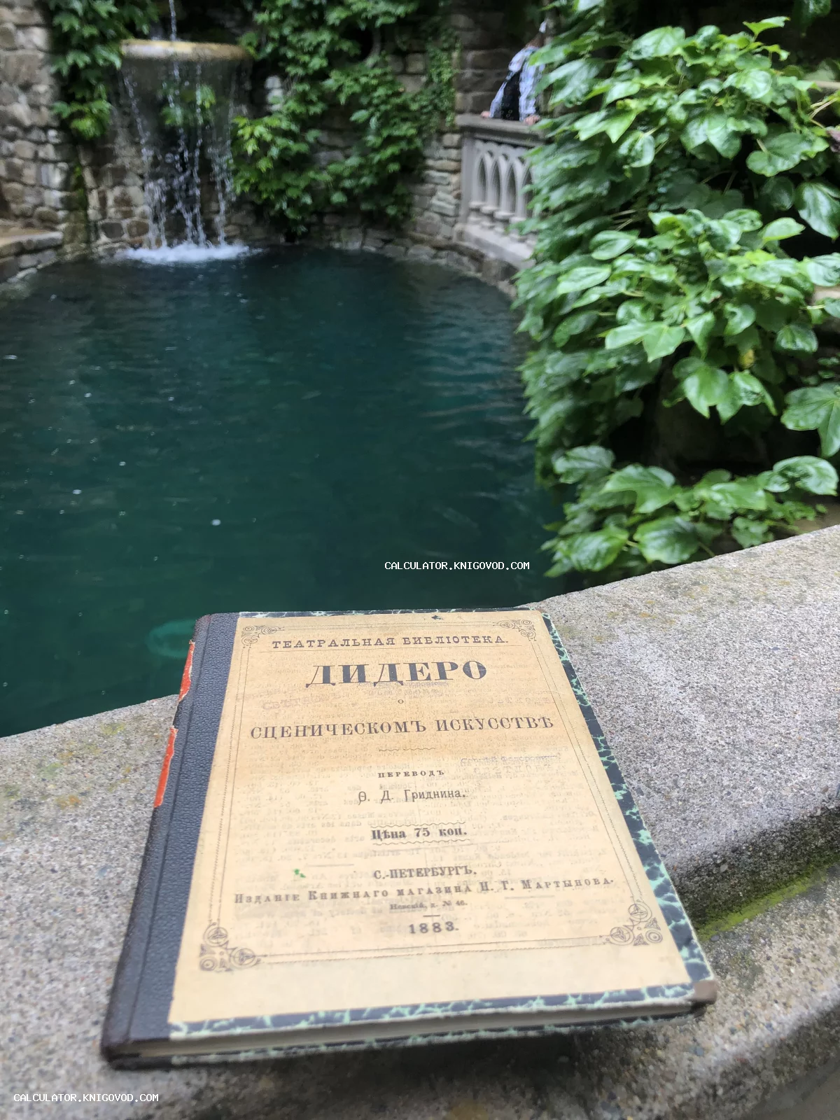 Антикварное издание книги Дени Дидро «О сценическом искусстве» 1883 года на фоне каменного грота с водопадом.