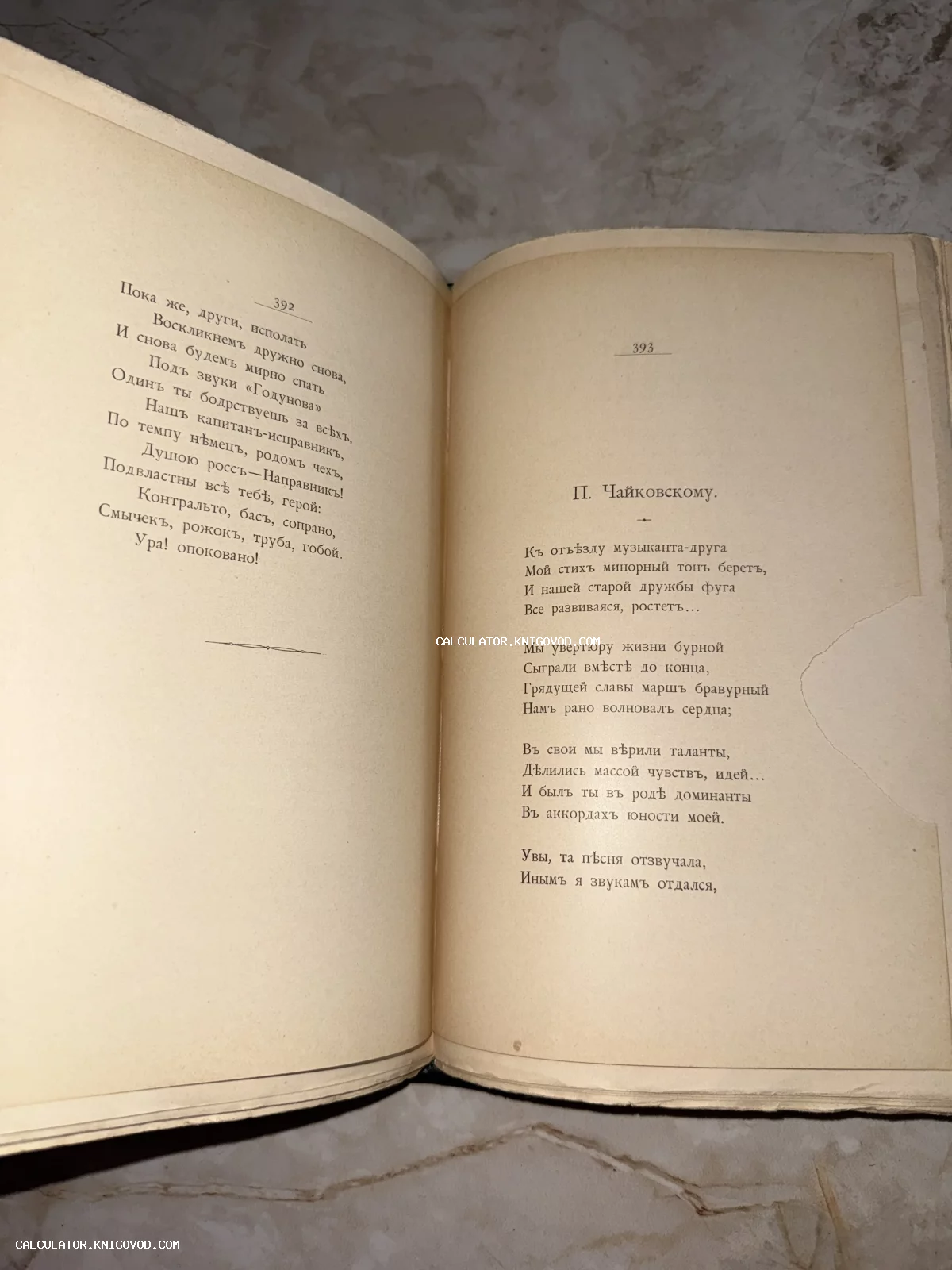 Разворот старинной книги с дореволюционной орфографией, страницы 392 и 393, текст стихотворения Чайковскому.