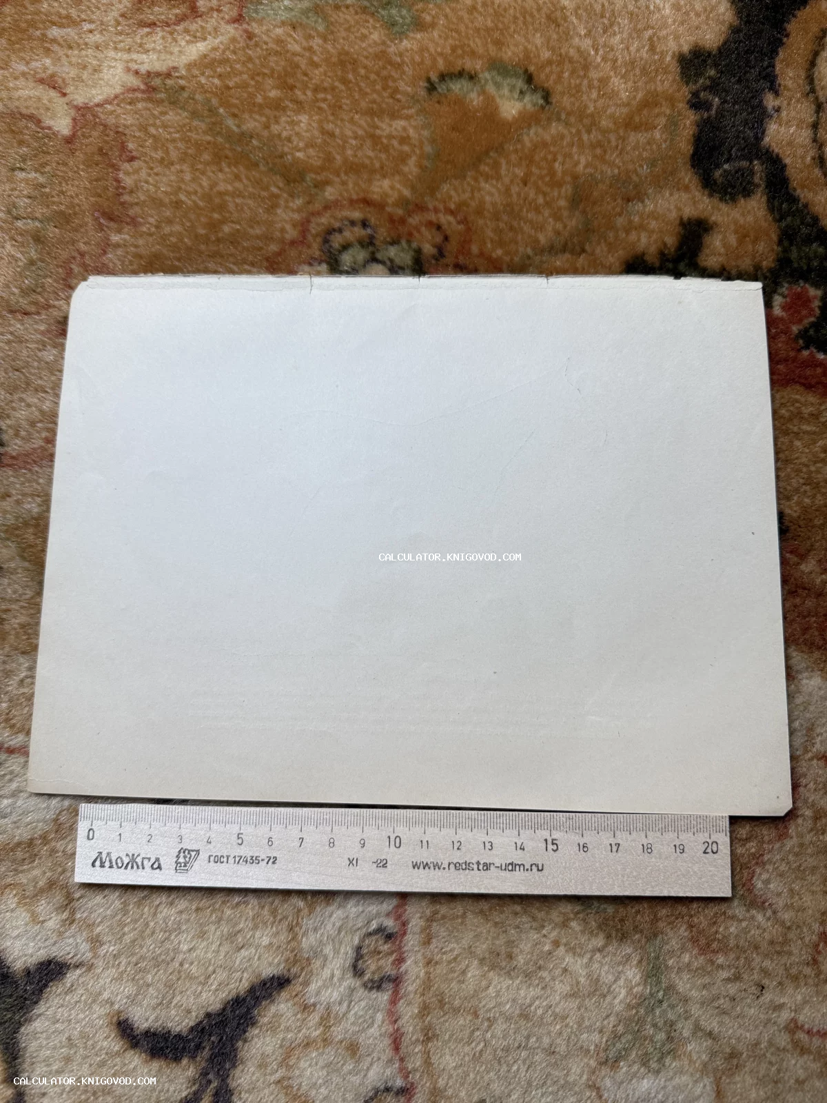Чистая оборотная сторона старой пожелтевшей бумаги на фоне ковра, внизу расположена деревянная линейка длиной 20 сантиметров.