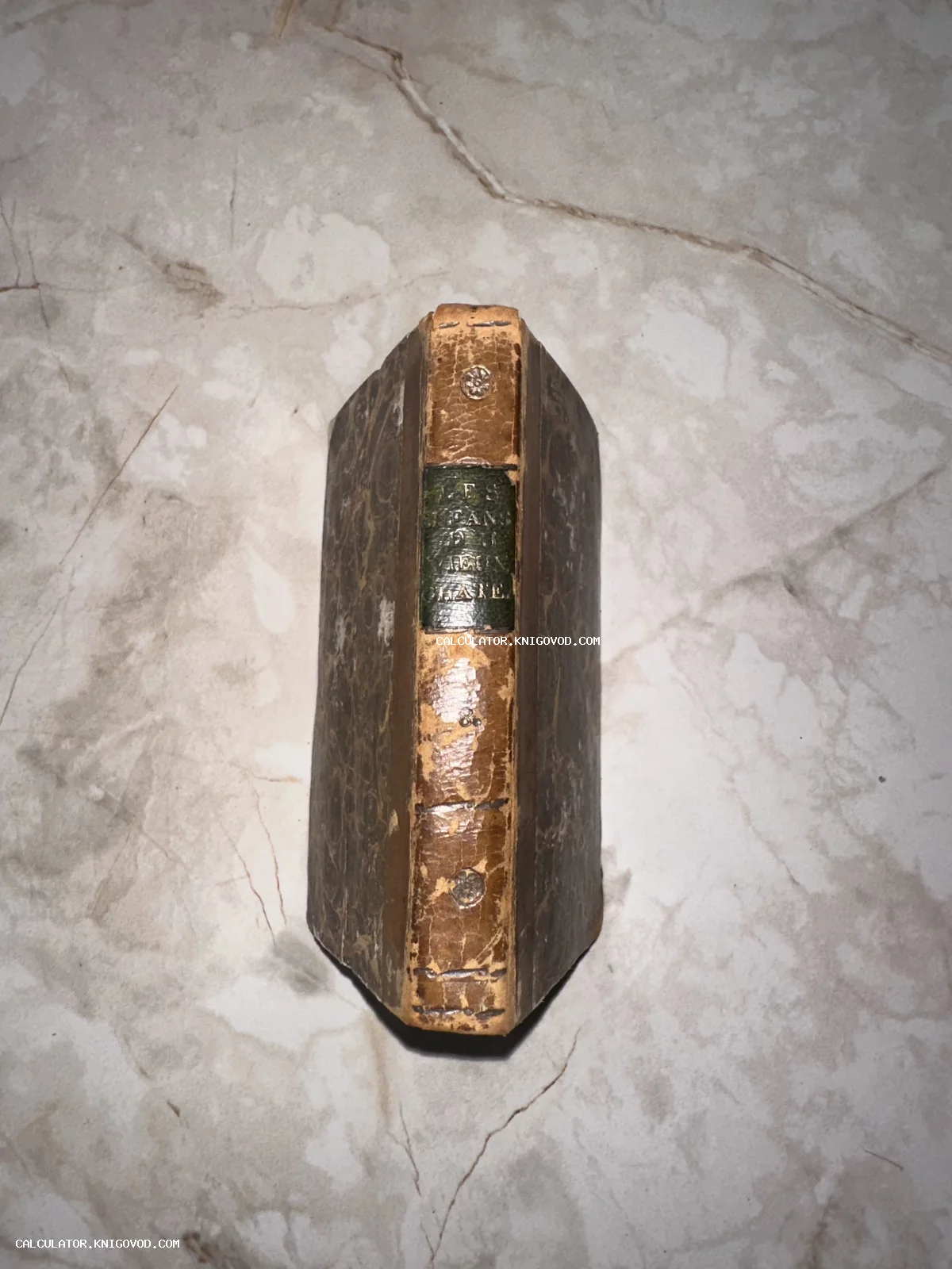 Вид сверху на корешок старой книги в коричневом кожаном переплете с золотым тиснением и потертостями.