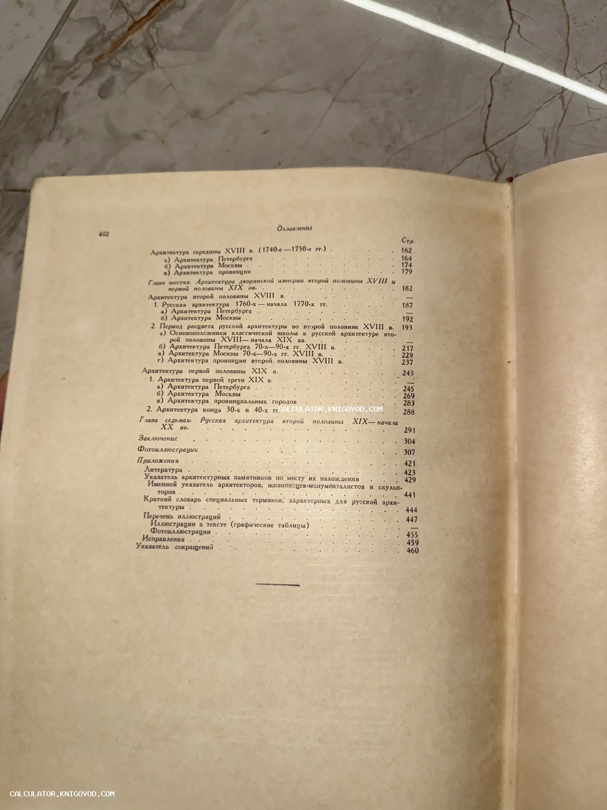 Страница оглавления старой книги со списком глав об архитектуре Москвы и Петербурга XVIII-XIX веков.