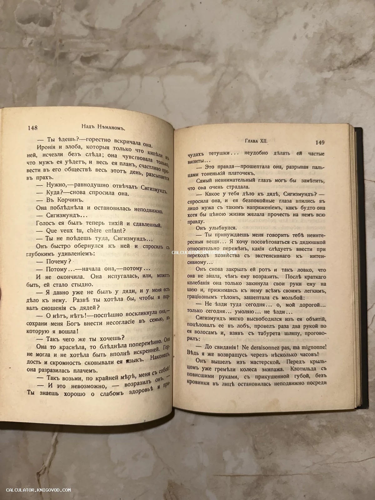 Разворот антикварной книги с текстом на дореволюционном русском языке, страницы 148 и 149 романа Элизы Ожешко.