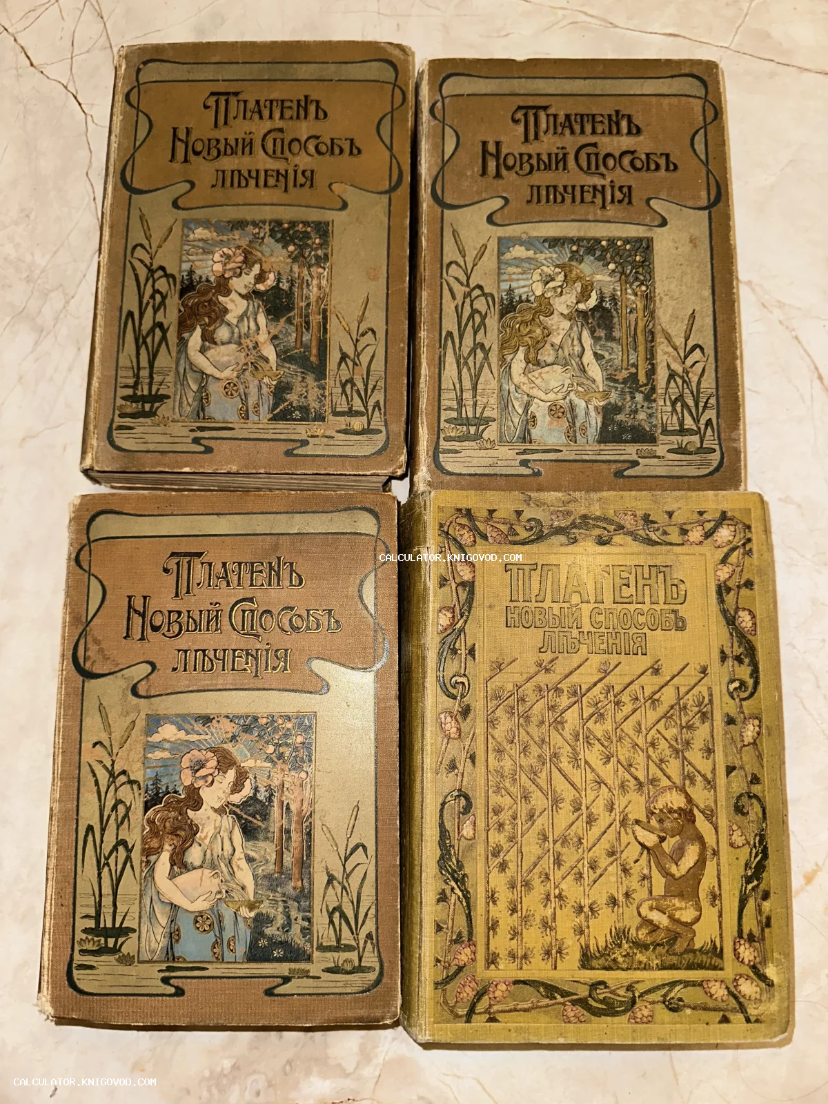 Четыре старинные книги в переплетах эпохи модерн с названием «Платенъ Новый Способъ Лѣченія» и цветными иллюстрациями на обложках.
