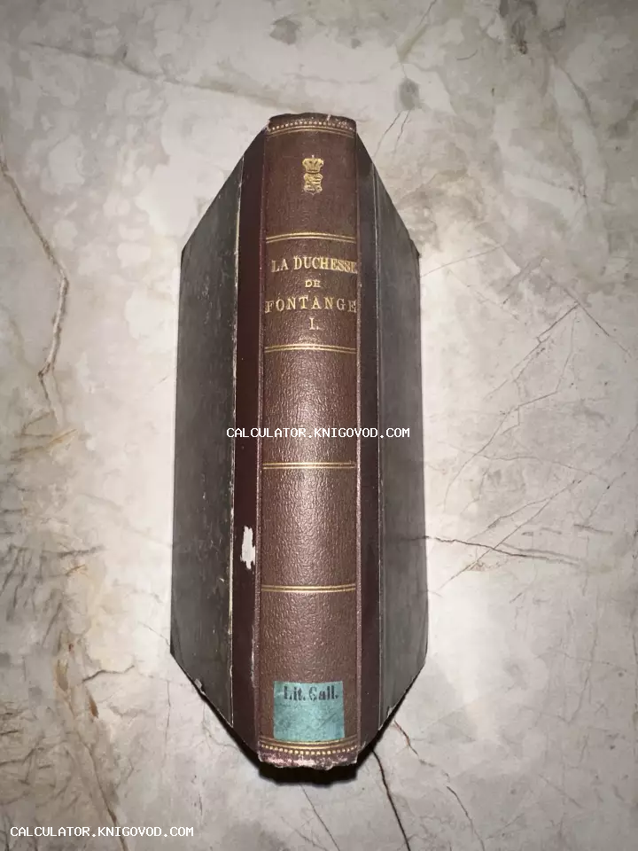 Корешок старинной книги в коричневом кожаном переплете с золотым тиснением названия La Duchesse de Fontange.